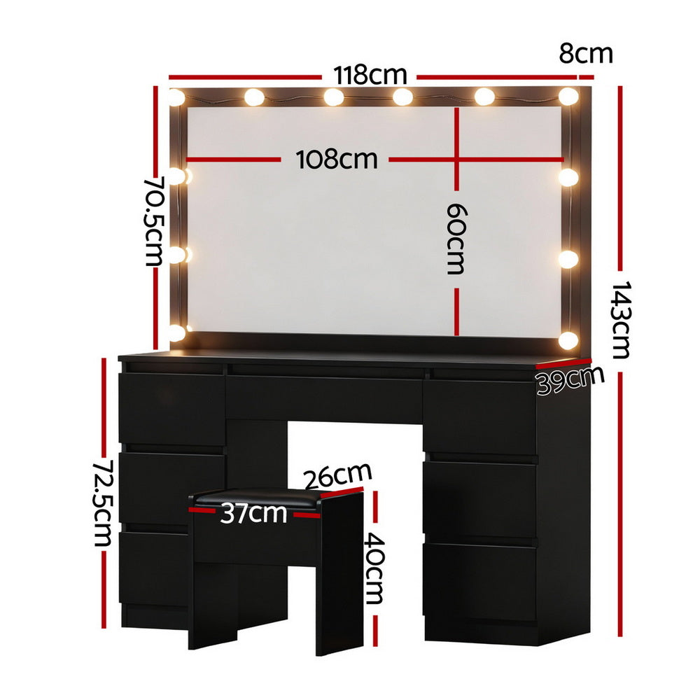 Artiss Dressing Table Vanity Desk Set Stool 12 Led Bulbs Black Bedworld