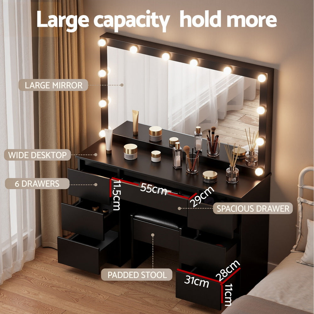 Artiss Dressing Table Vanity Desk Set Stool 12 Led Bulbs Black Bedworld