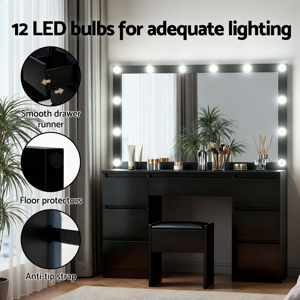 Artiss Dressing Table Vanity Desk Set Stool 12 Led Bulbs Black Bedworld