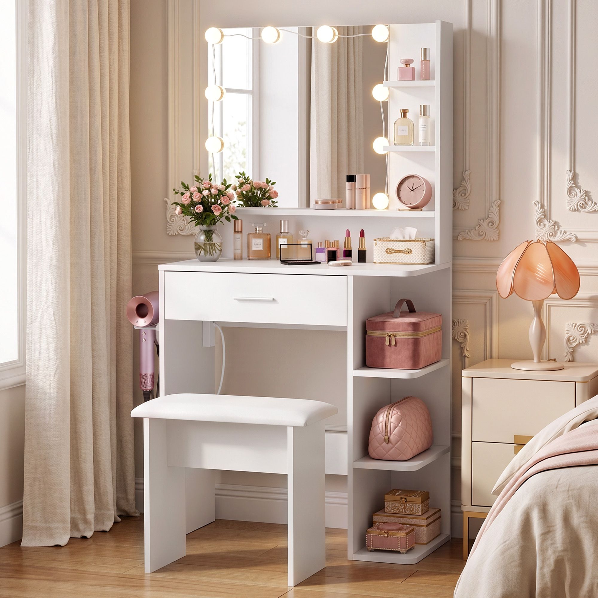 Artiss Dressing Table Vanity Desk LED Mirror Stool Storage Power Outlet Hairdryer Holder White Bedworld