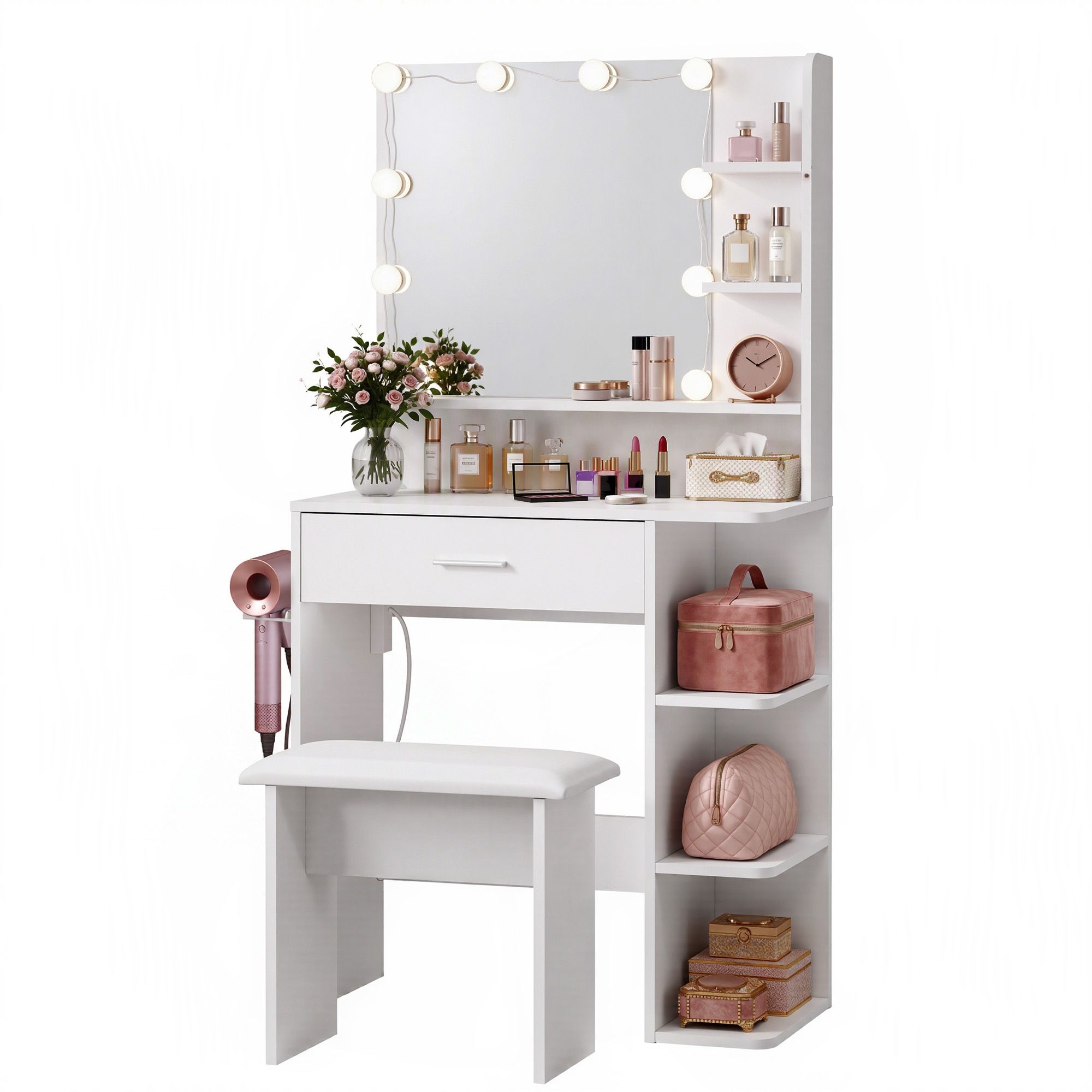 Artiss Dressing Table Vanity Desk LED Mirror Stool Storage Power Outlet Hairdryer Holder White Bedworld