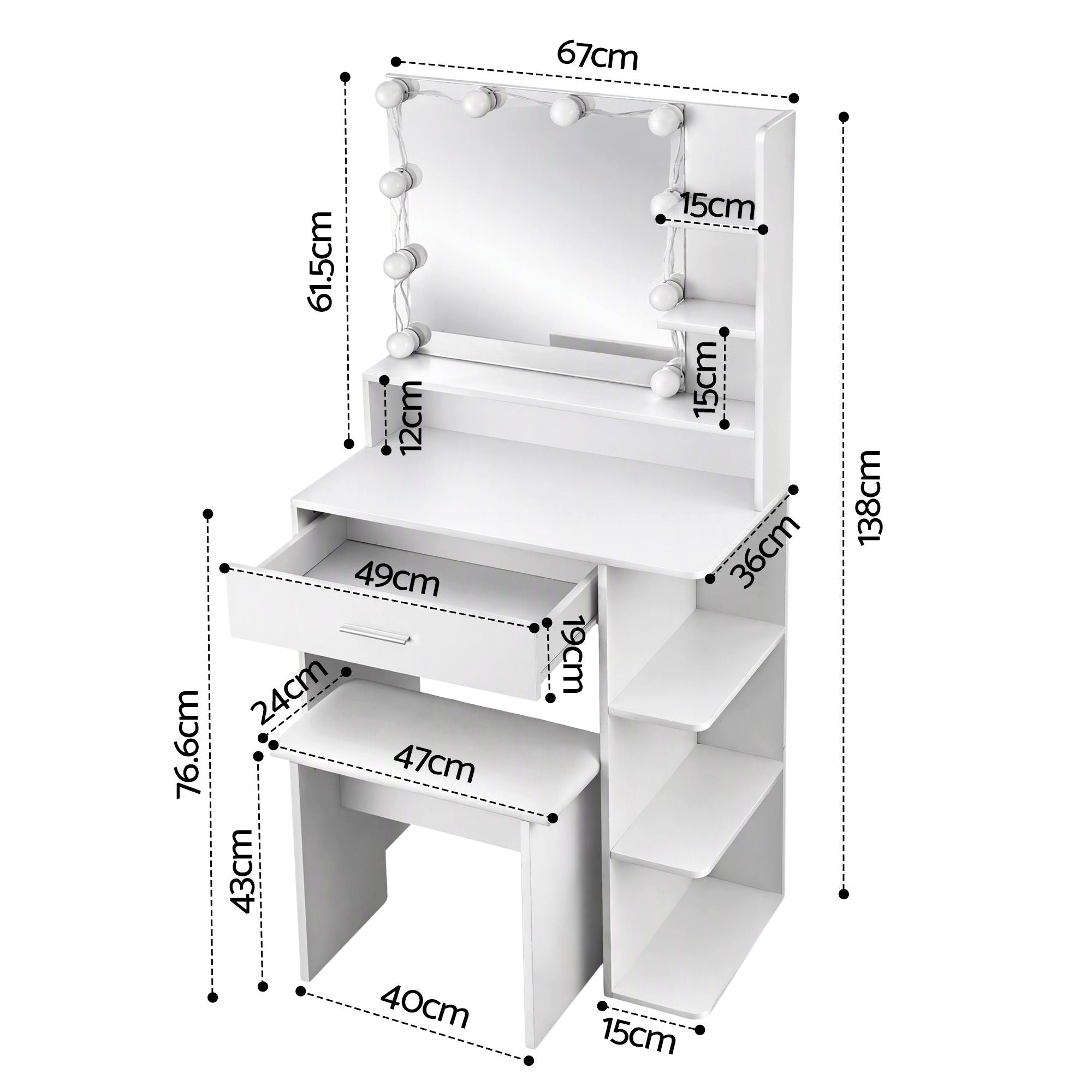 Artiss Dressing Table Vanity Desk LED Mirror Stool Storage Power Outlet Hairdryer Holder White Bedworld