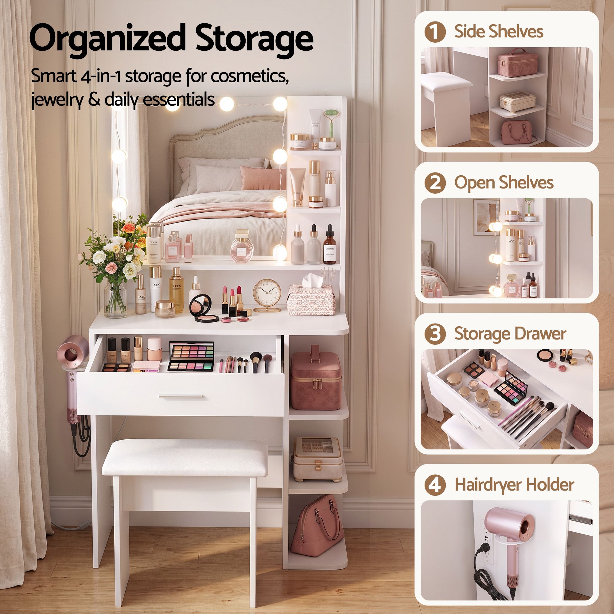 Artiss Dressing Table Vanity Desk LED Mirror Stool Storage Power Outlet Hairdryer Holder White Bedworld