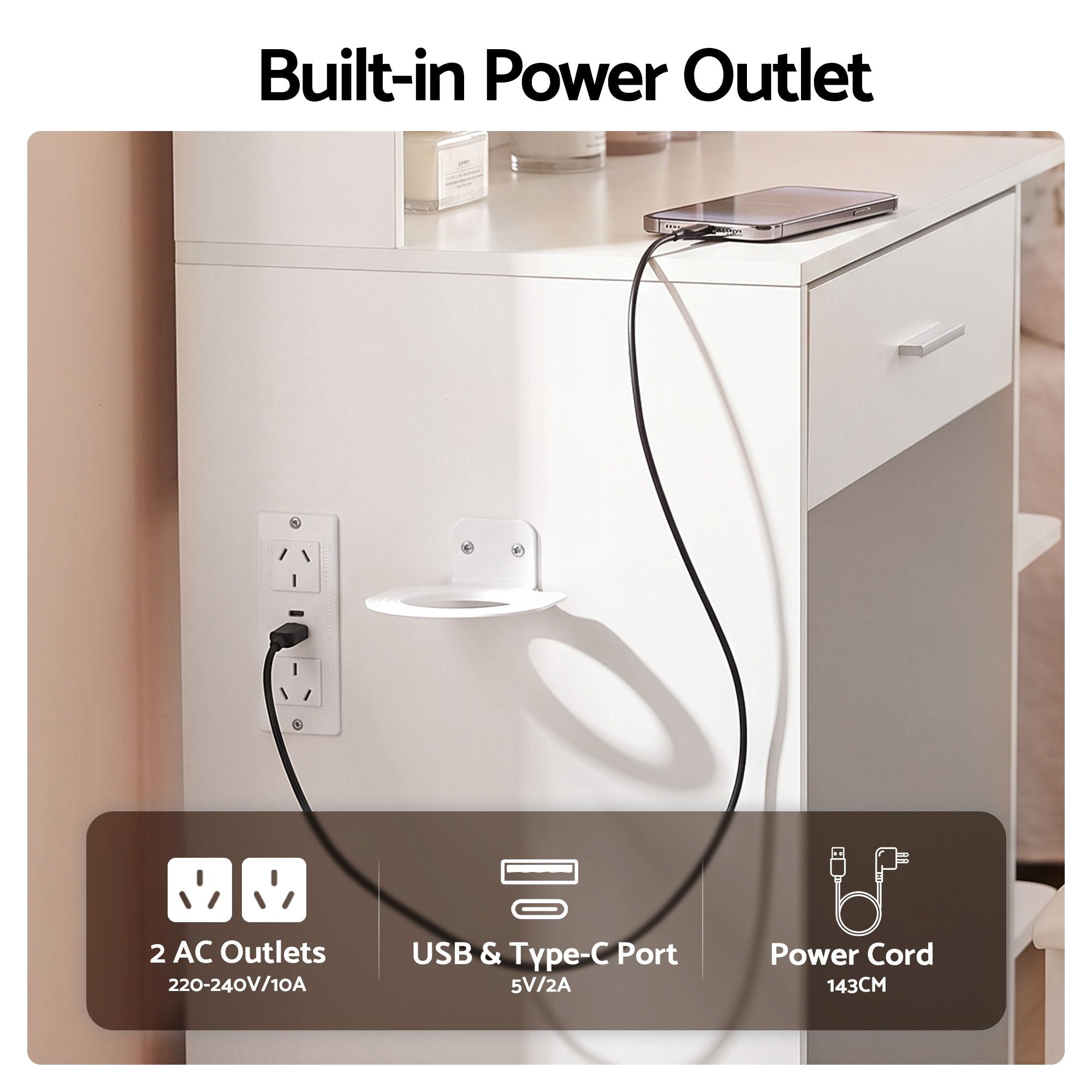 Artiss Dressing Table Vanity Desk LED Mirror Stool Storage Power Outlet Hairdryer Holder White Bedworld