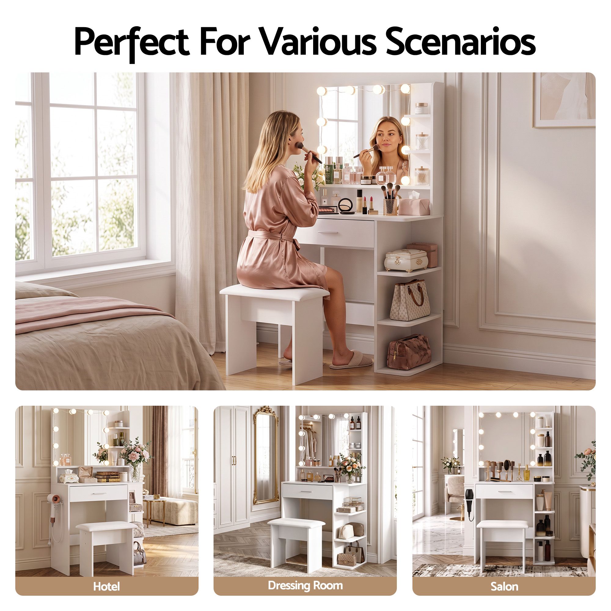 Artiss Dressing Table Vanity Desk LED Mirror Stool Storage Power Outlet Hairdryer Holder White Bedworld