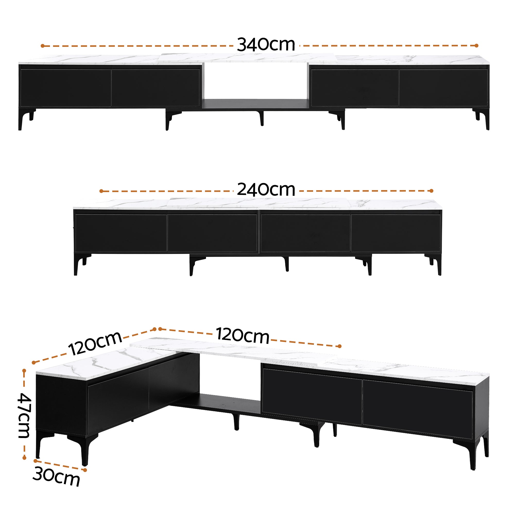 Extendable black TV cabinet with marble-effect top, drawer fronts and legs