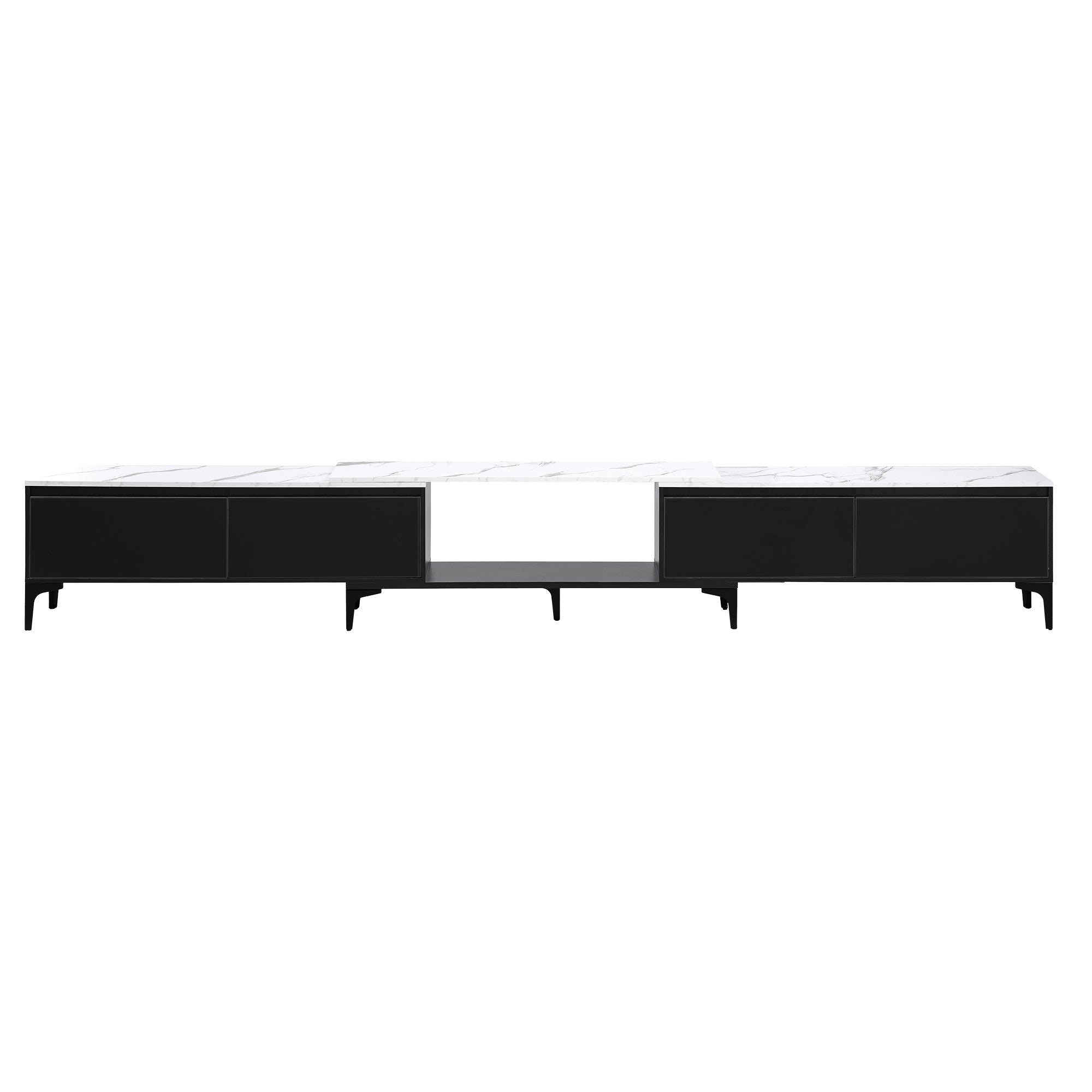 Black TV cabinet with marble-effect top and drawer fronts, side and front views