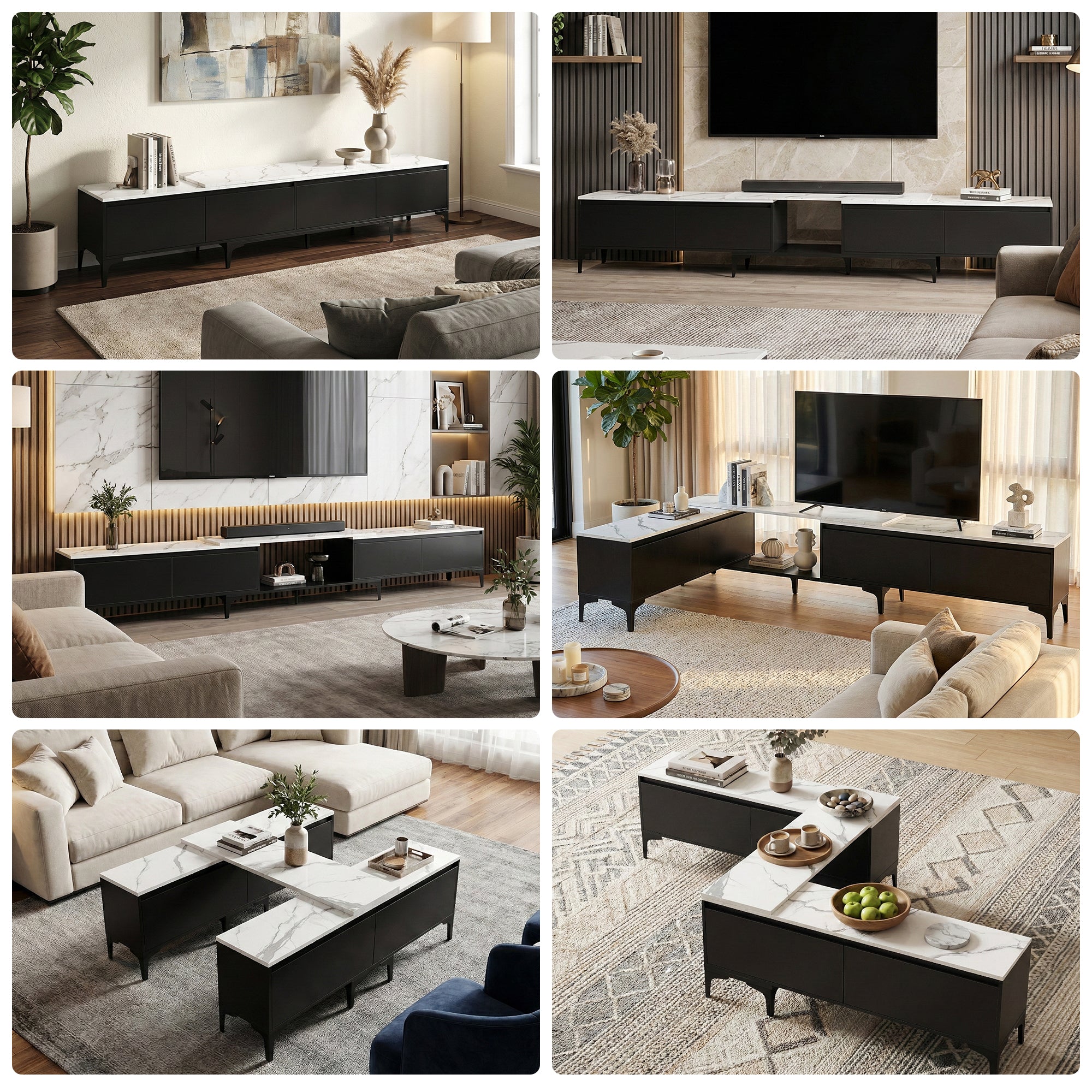 Black TV cabinet with marble-effect top, drawers and media shelf, staged in room