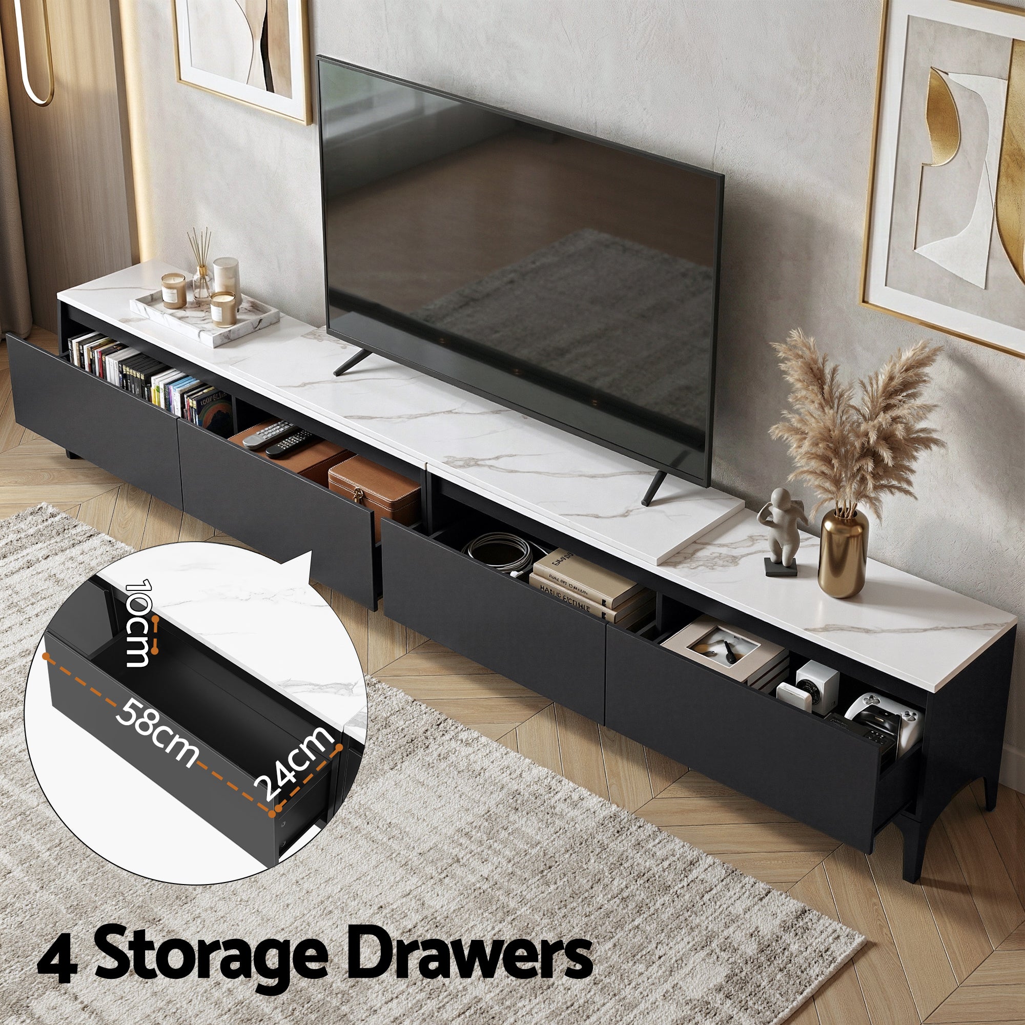 Black TV cabinet with marble-effect top, four storage drawers and open media bays