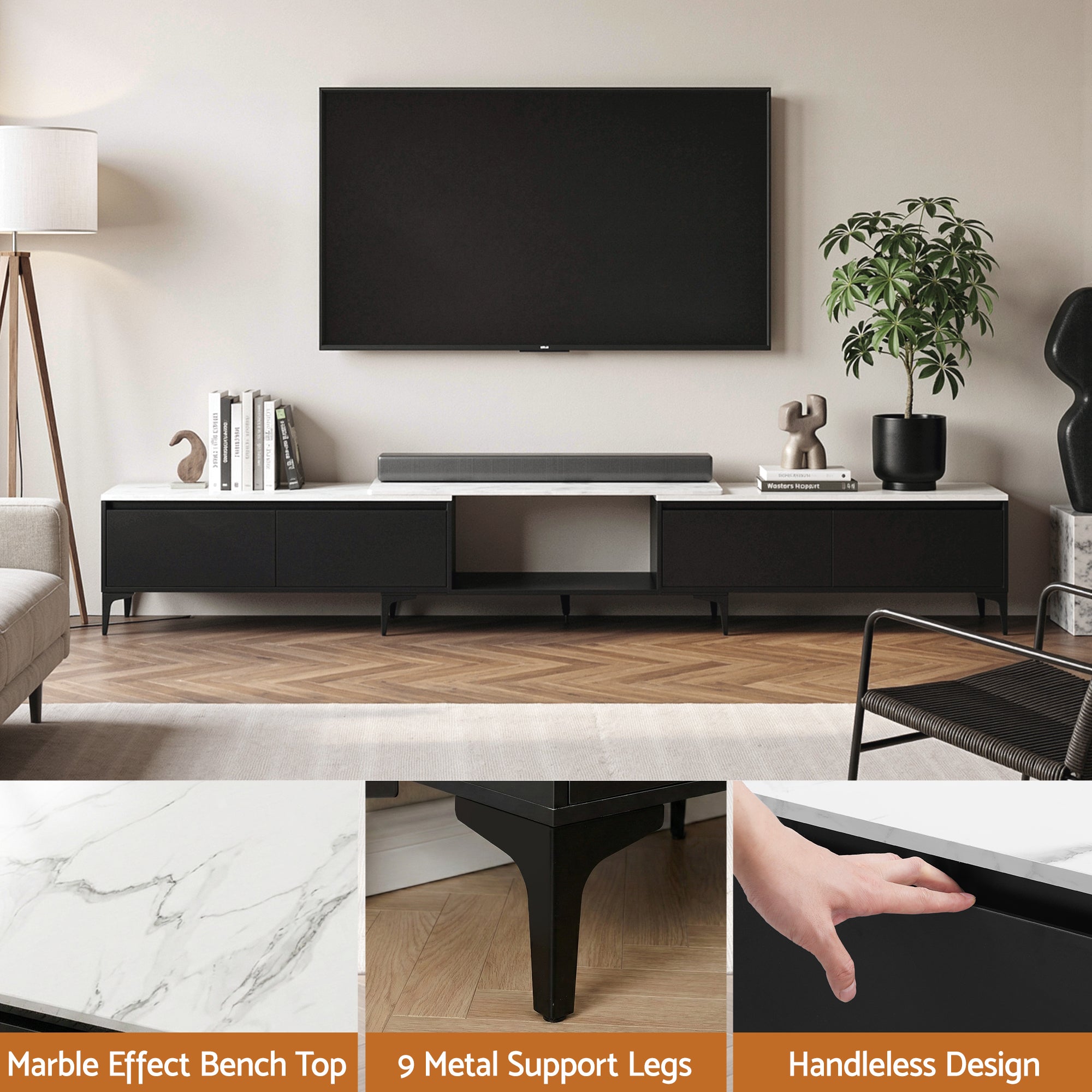 Black TV cabinet with marble-effect top, center open niche and drawer fronts