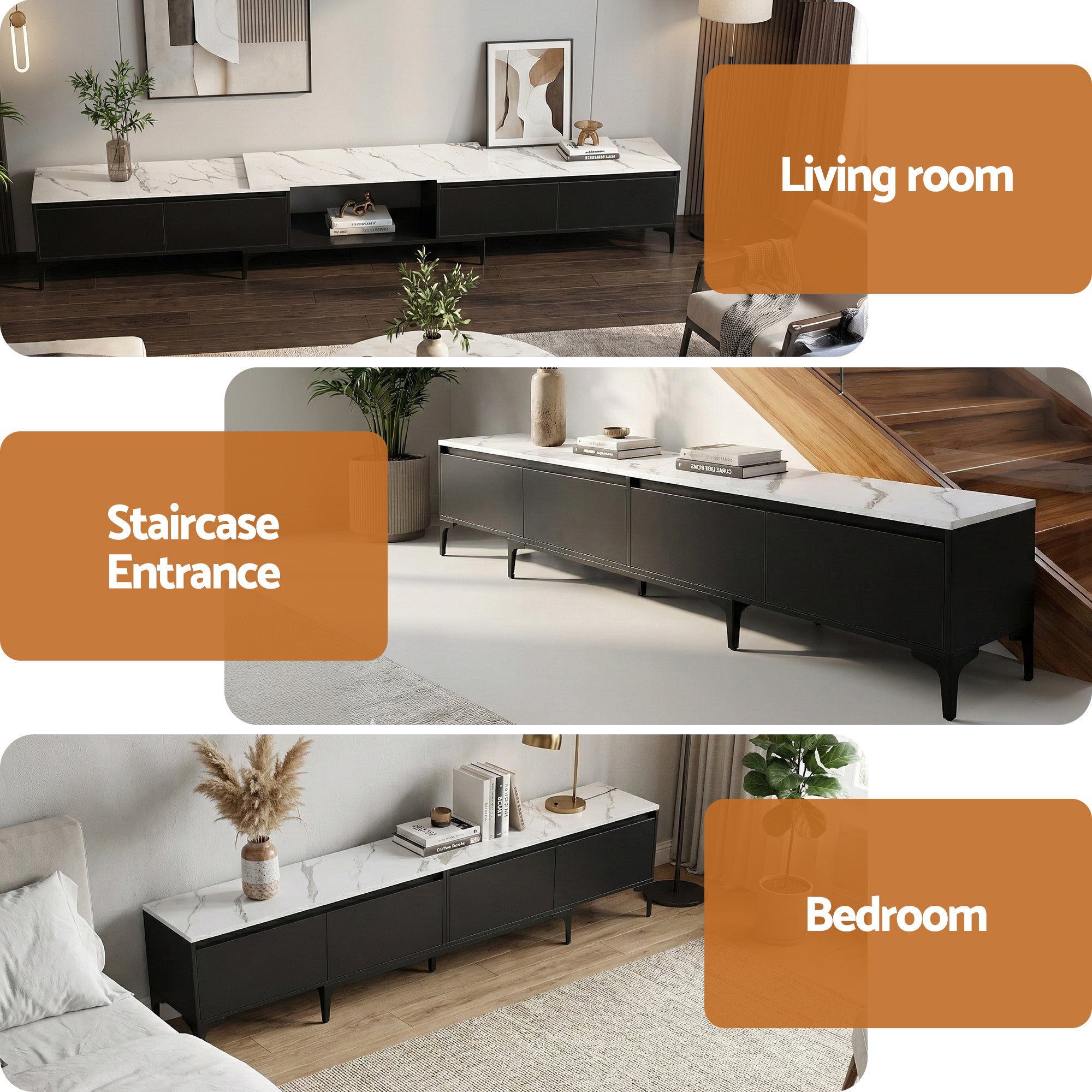 Black TV cabinet with marble-effect top and drawers, shown in room scenes