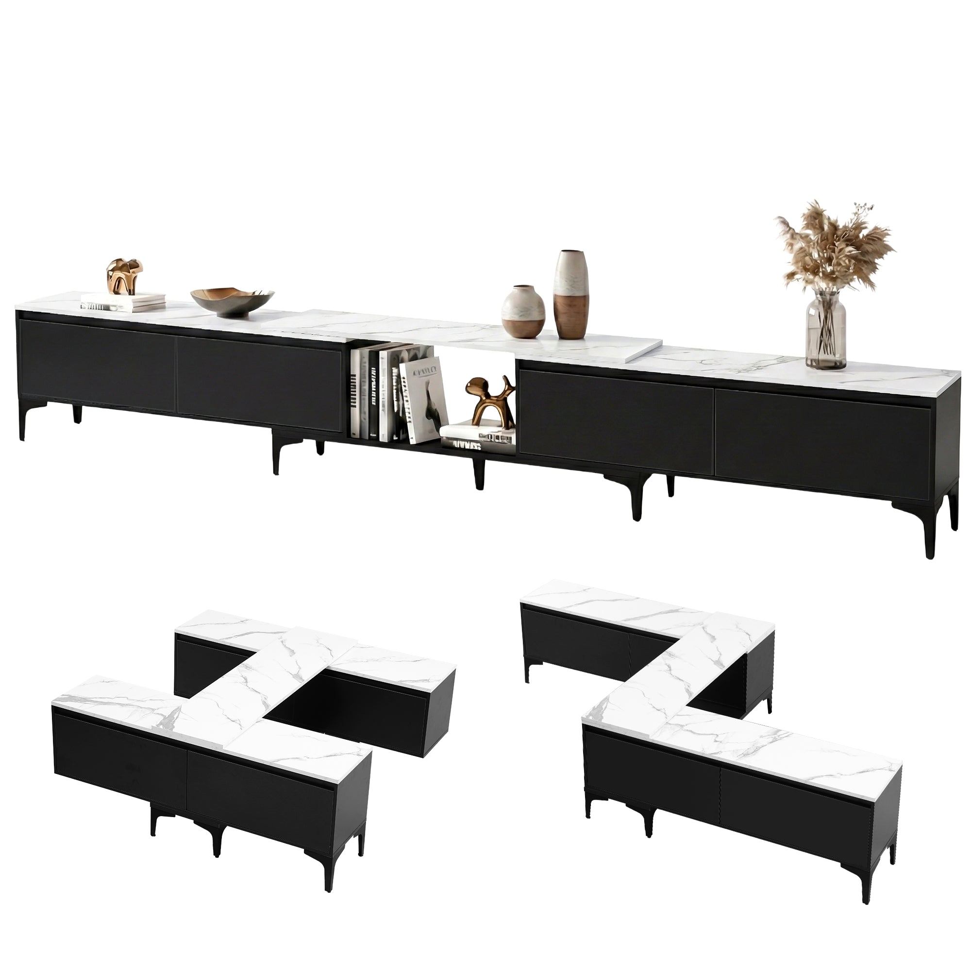 Black extendable TV cabinet with marble-effect top, drawers and open storage sections