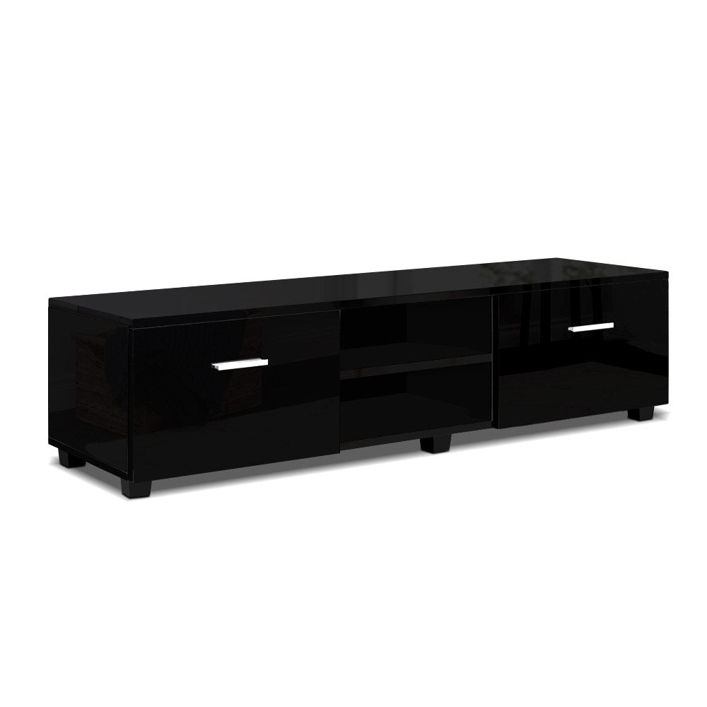 Black TV console entertainment unit with central open shelves and two side drawers