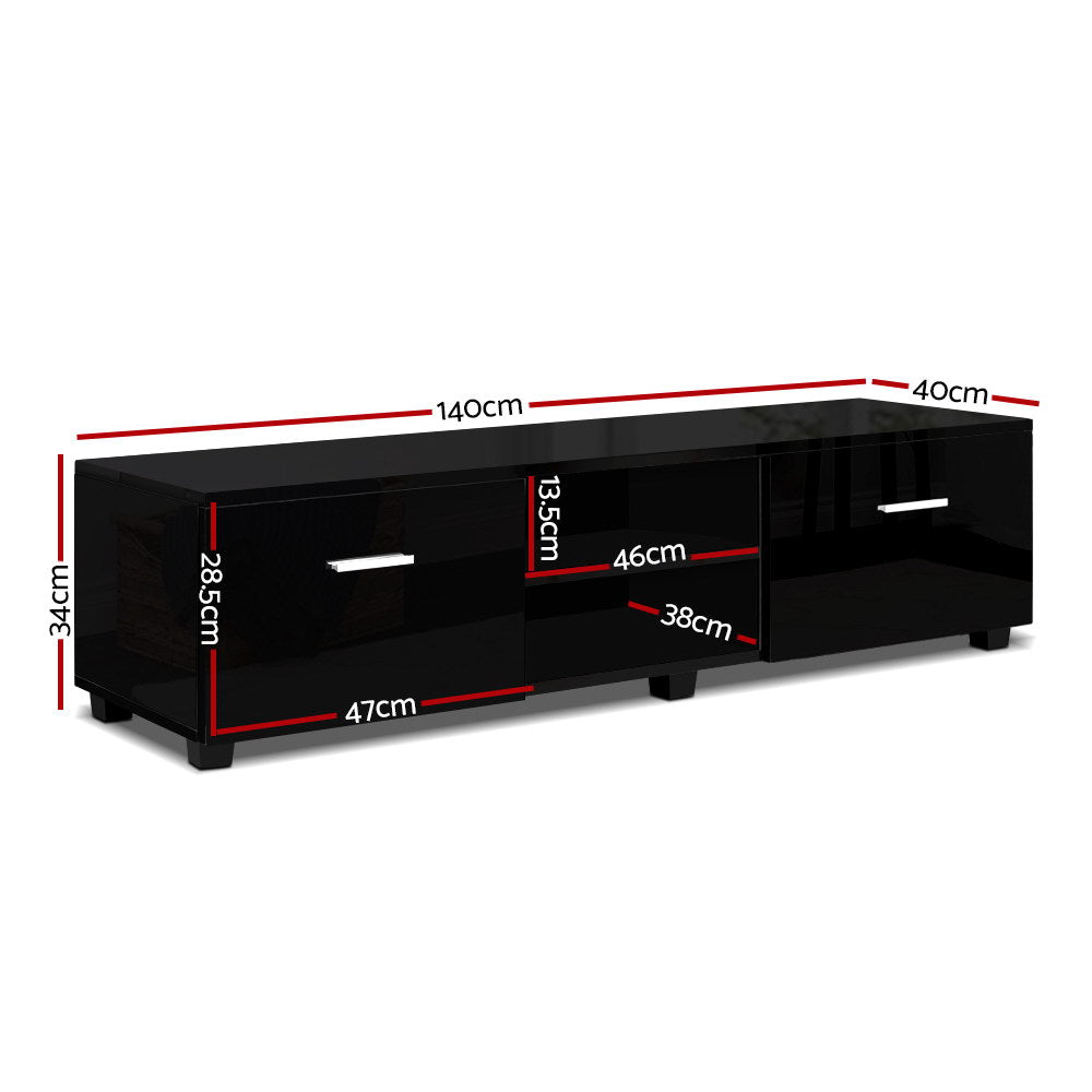 Black TV cabinet with open shelves, side drawers, and overall size measurements