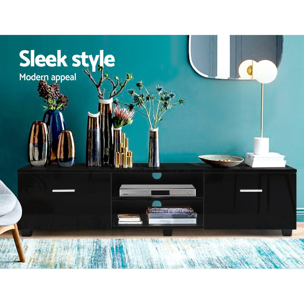 Black entertainment unit TV cabinet with two drawers and center media shelves