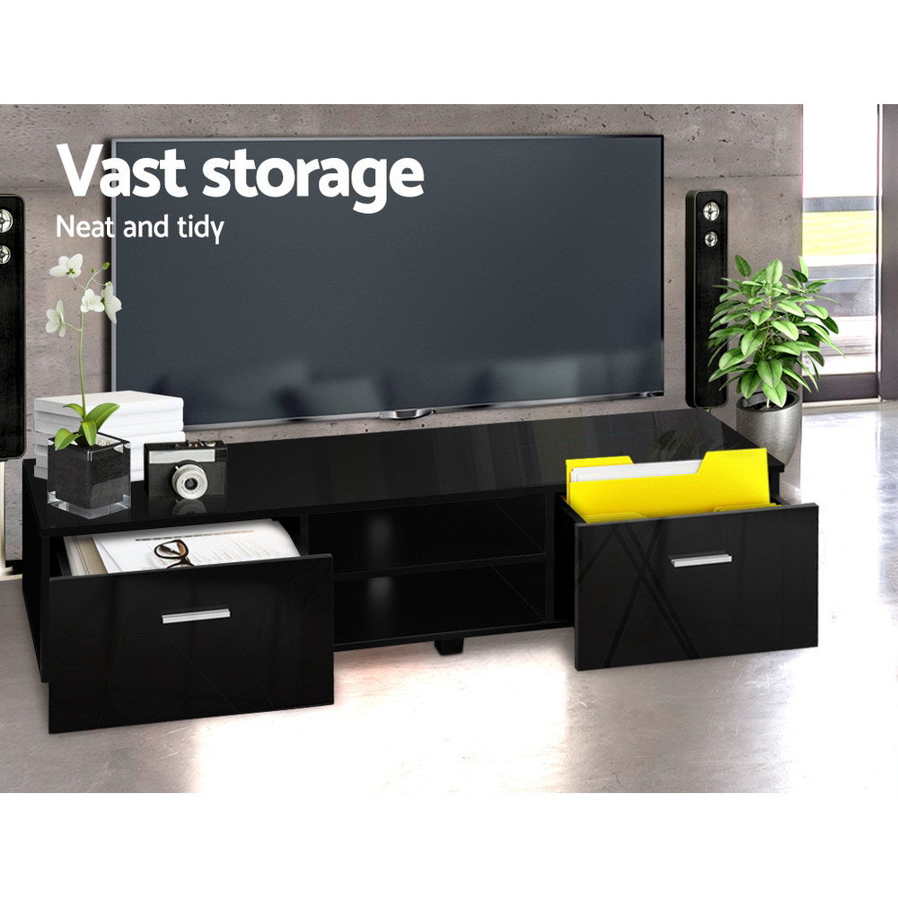Black TV stand with two side drawers and central open storage shelf