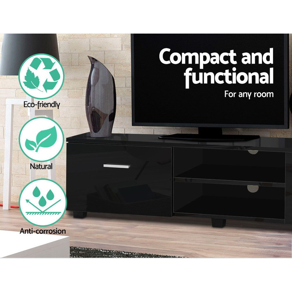 Black TV console shown with eco-friendly feature icons and compact storage design