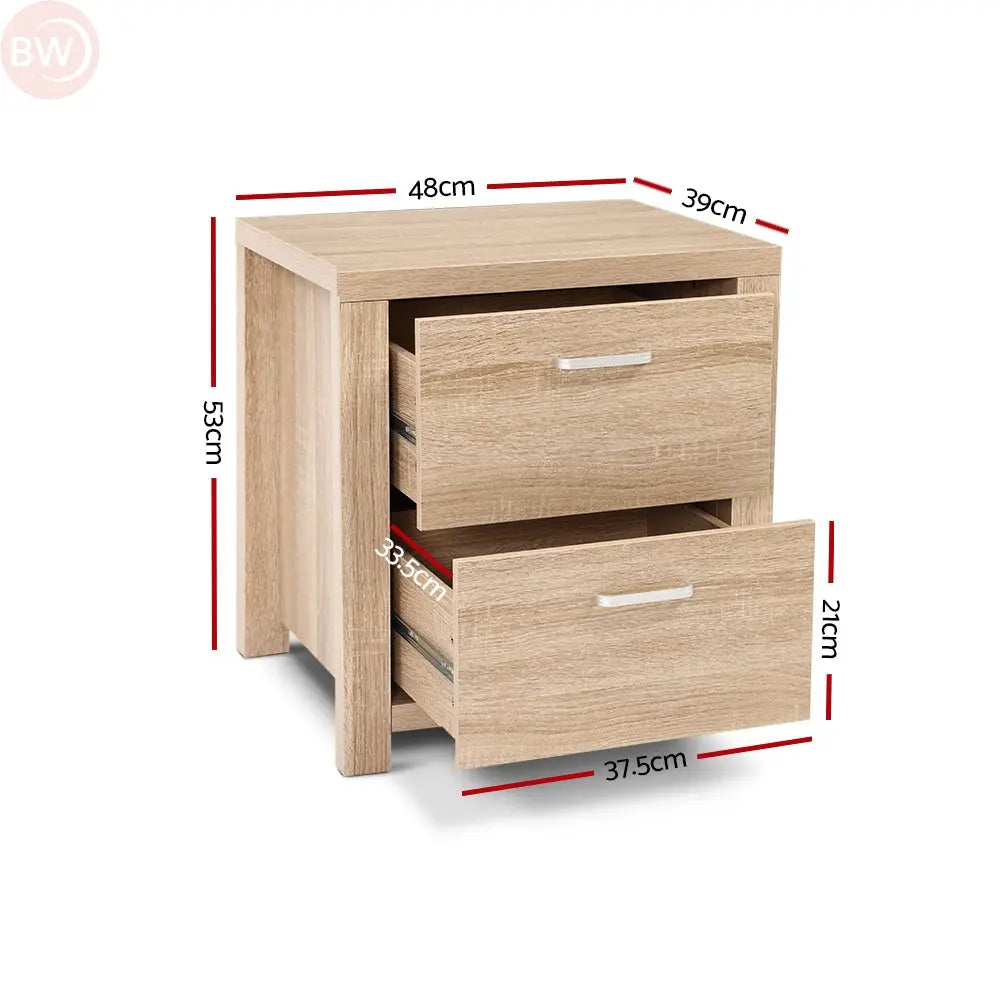 Light wood bedside table with two drawers, one drawer open, silver bar handles