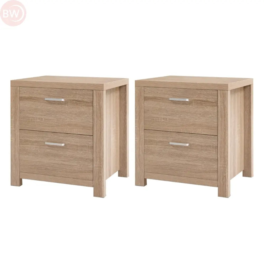 Light wood bedside table with two drawers and silver bar handles, front view