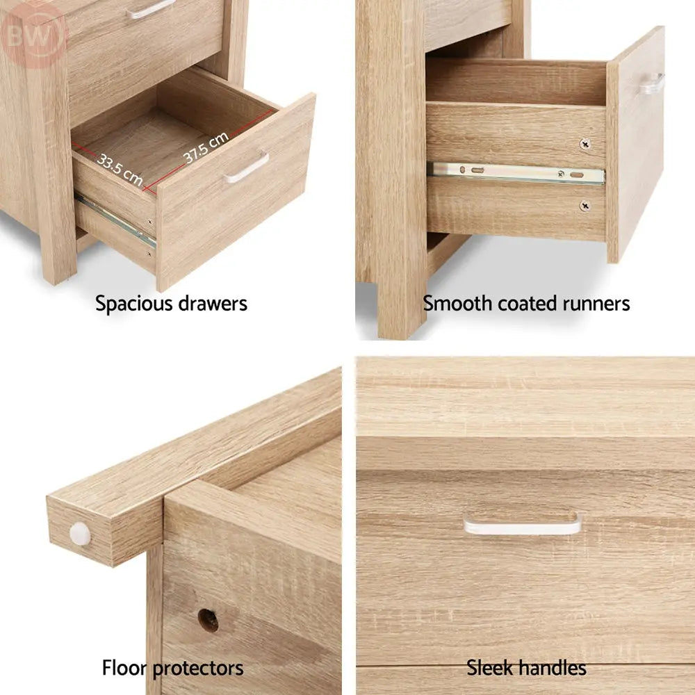 Bedside table drawer details: smooth runners, bar handles, floor protectors