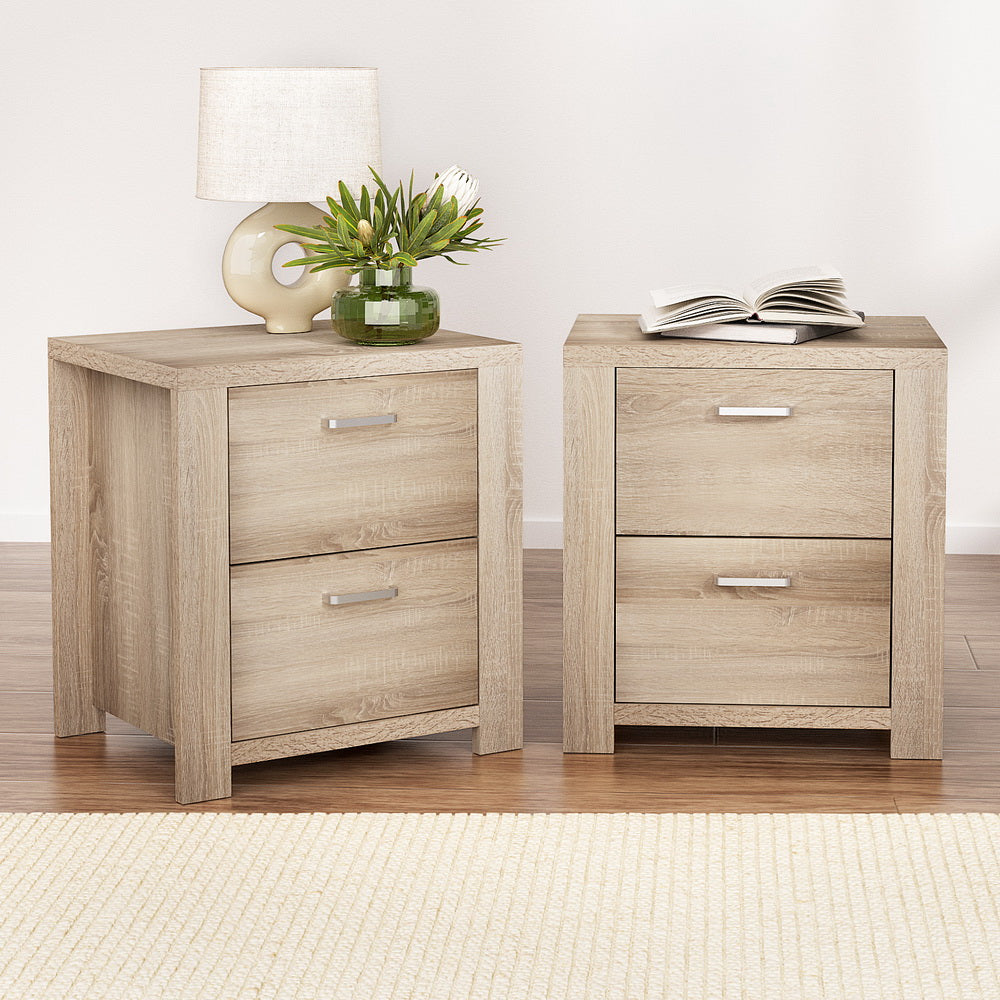 Pine bedside table set with two drawers, light wood grain, rectangular cabinet
