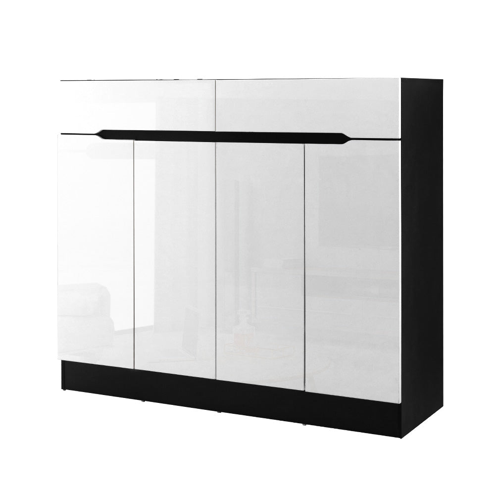 White shoe rack cabinet with drawer, black base and top bar, four door fronts