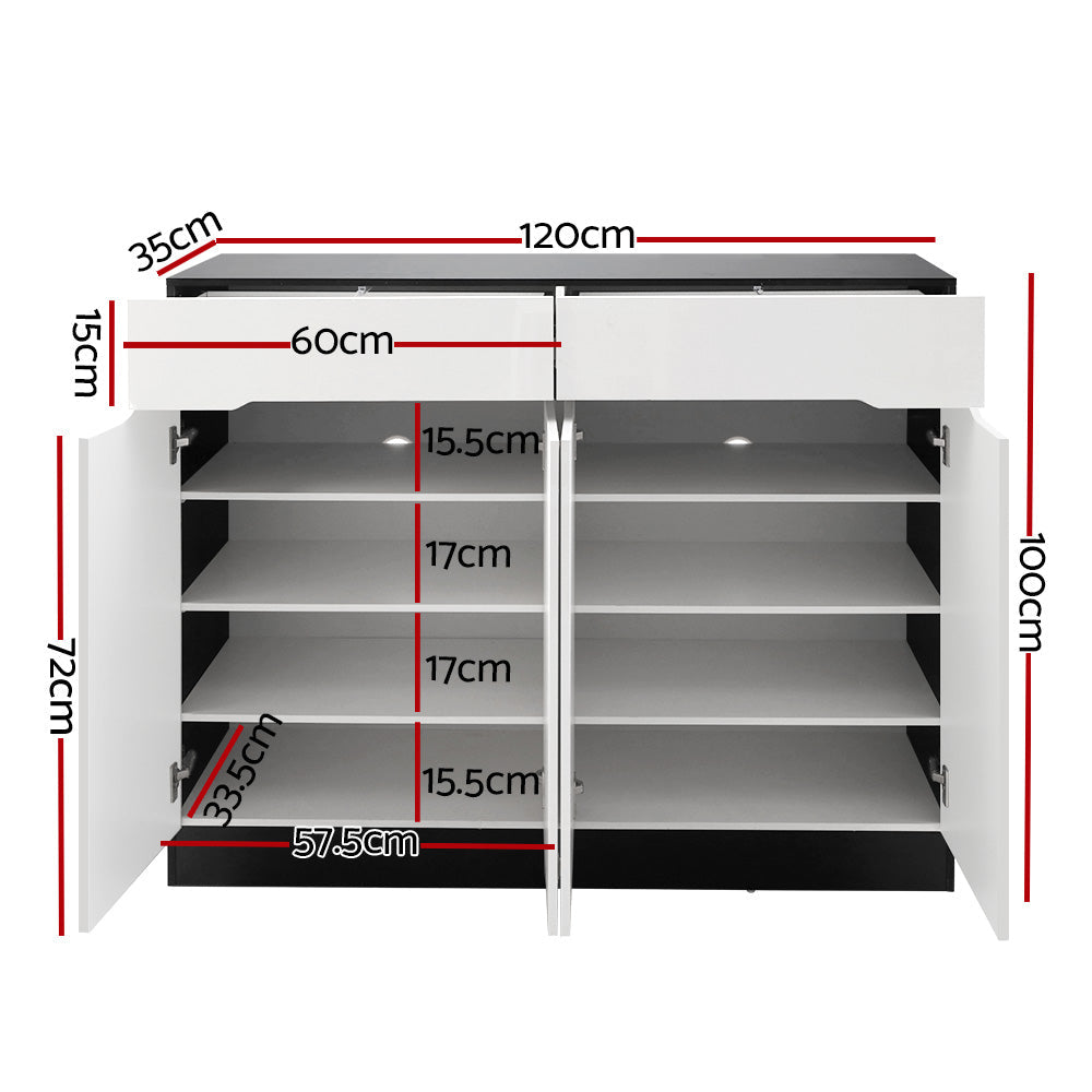 White shoe rack cabinet with drawer, open interior shelves and dimensions diagram