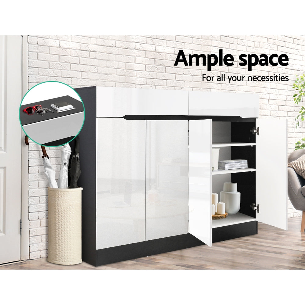 White shoe cabinet with drawer, open side compartment for storing items