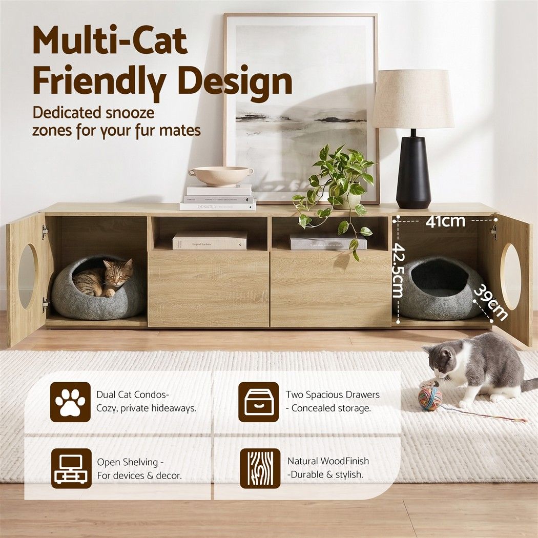 Artiss 185CM TV Unit with Cat House Storage Cabinet Pine Bedworld
