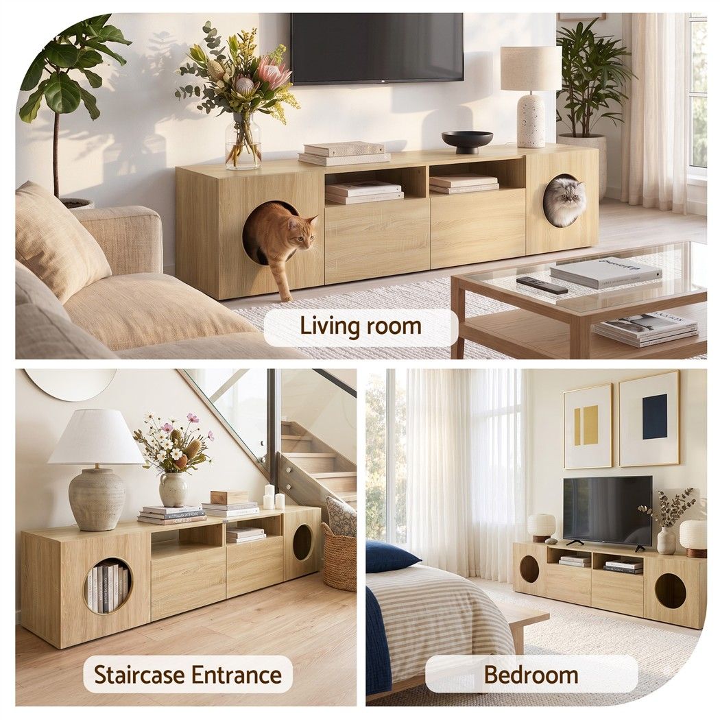 Artiss 185CM TV Unit with Cat House Storage Cabinet Pine Bedworld