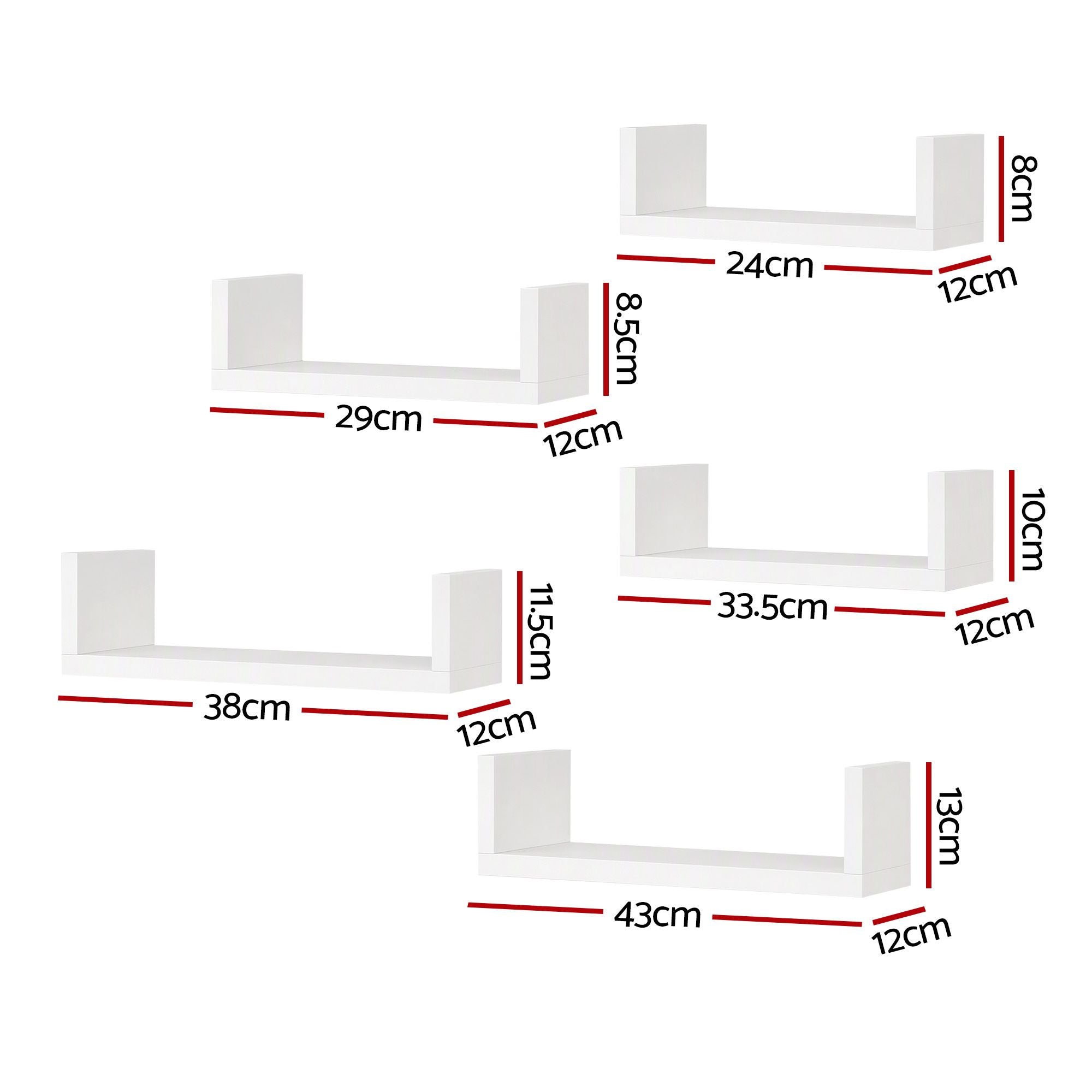 Artiss Floating Wall Shelves Set of 5 Mounted U-Shape Display Ledge, White Bedworld