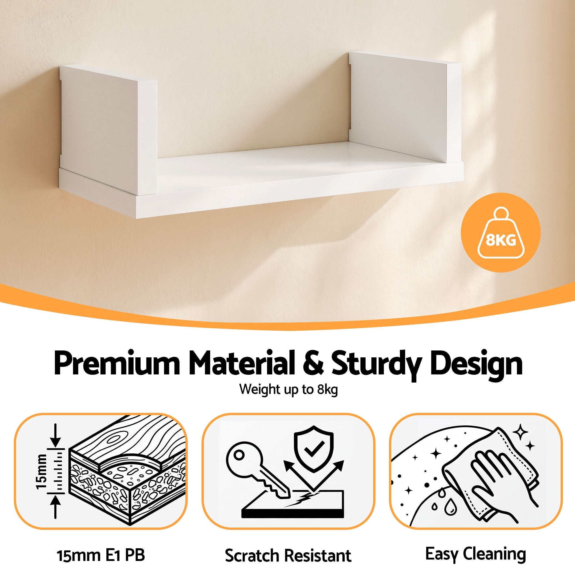 Artiss Floating Wall Shelves Set of 5 Mounted U-Shape Display Ledge, White Bedworld