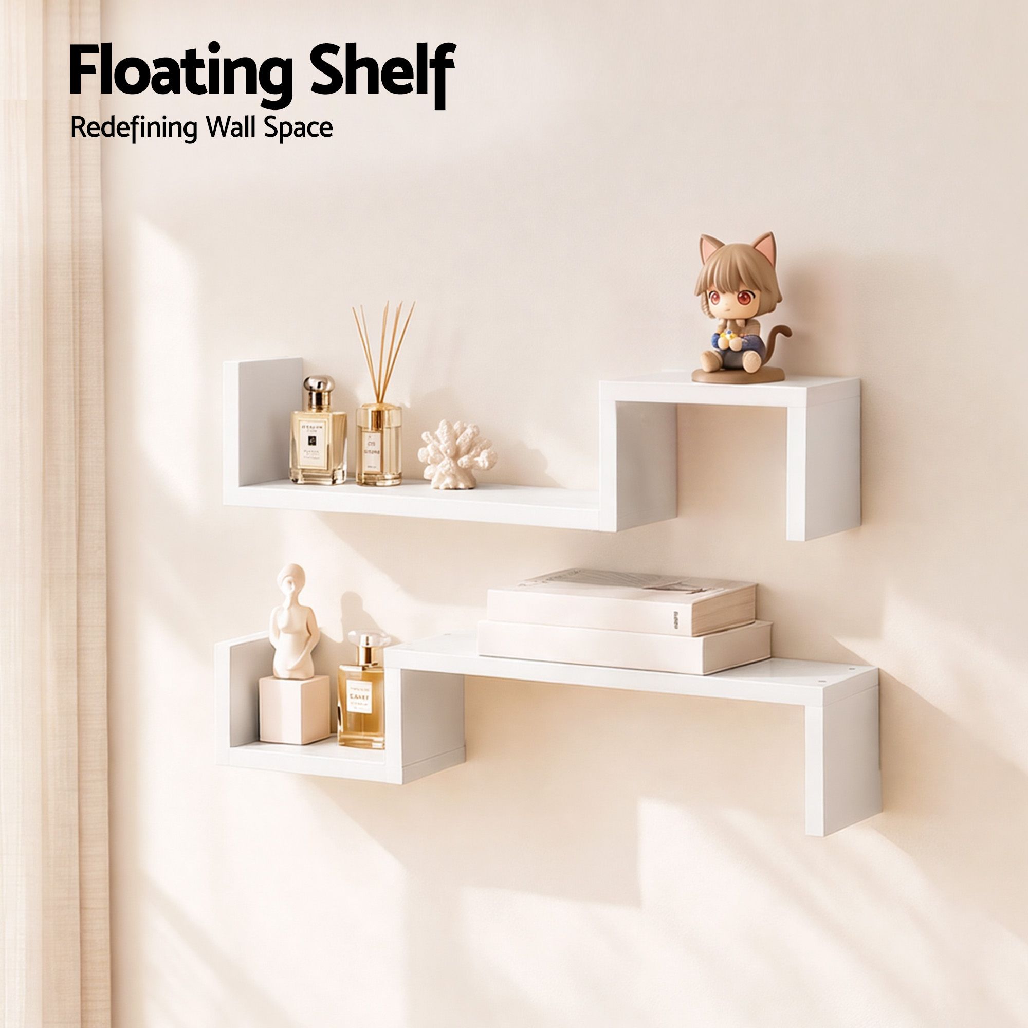 Artiss Set of 2 Floating Shelves Wall Mounted S-Shape Display Ledge, White Bedworld