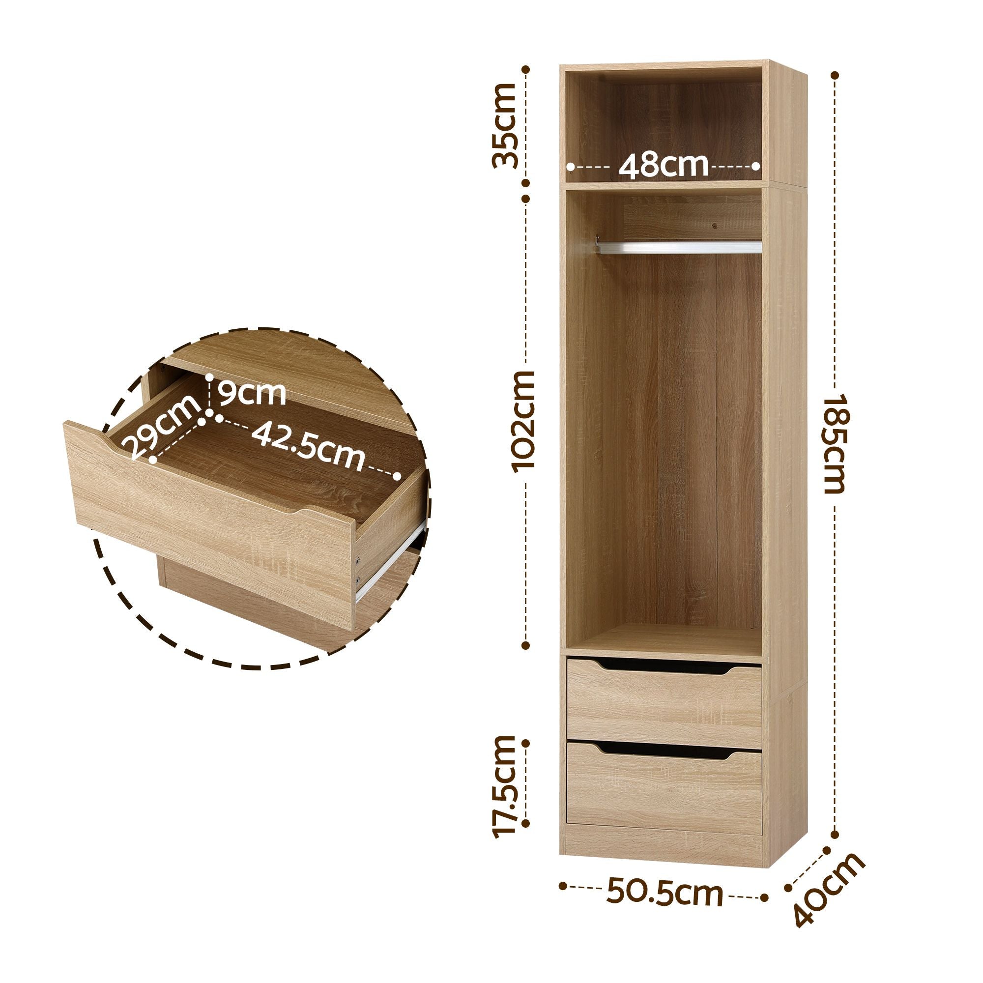 Wood wardrobe cabinet with open top shelf, hanging area, and bottom drawers