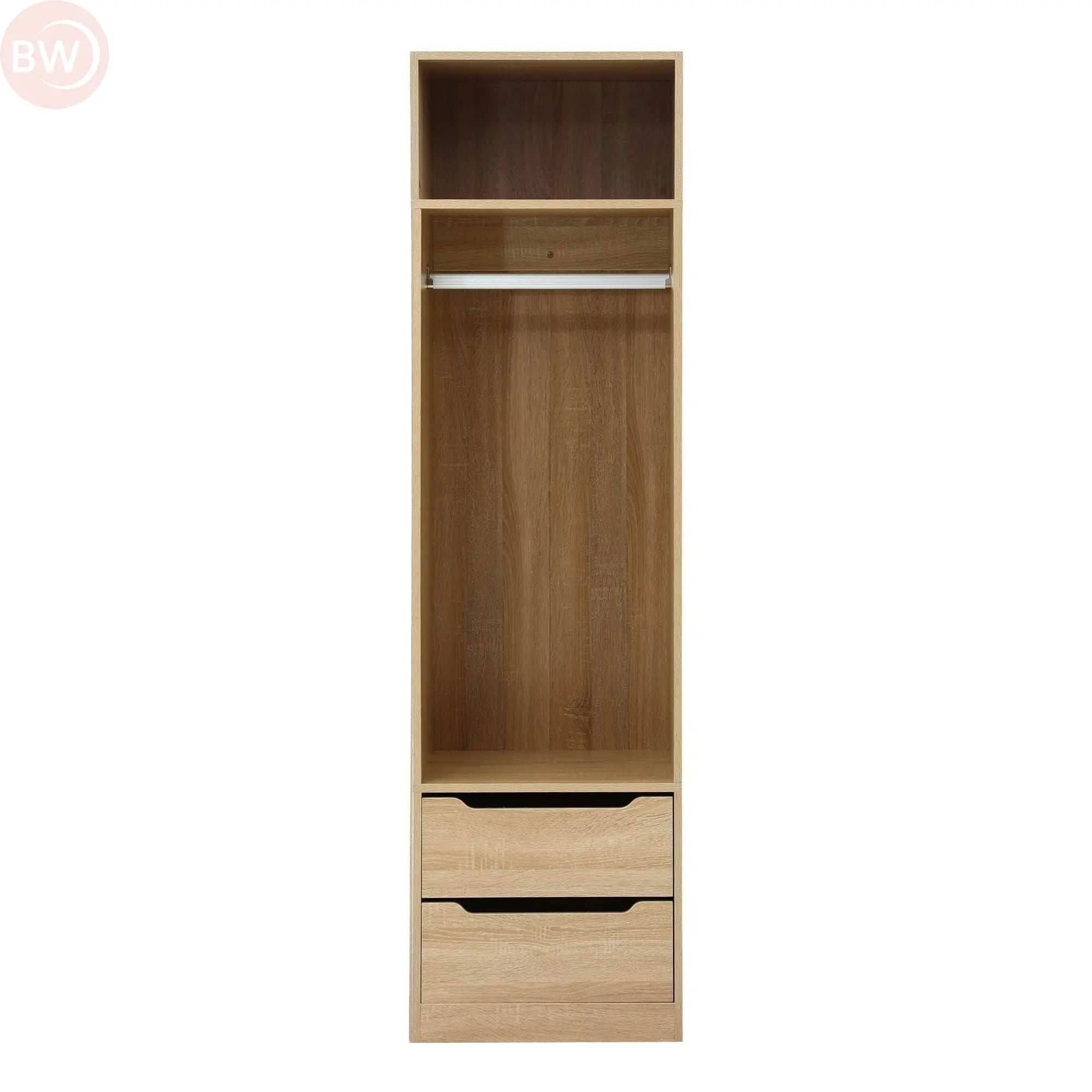 Tall wooden wardrobe cabinet with top shelf and two lower storage drawers