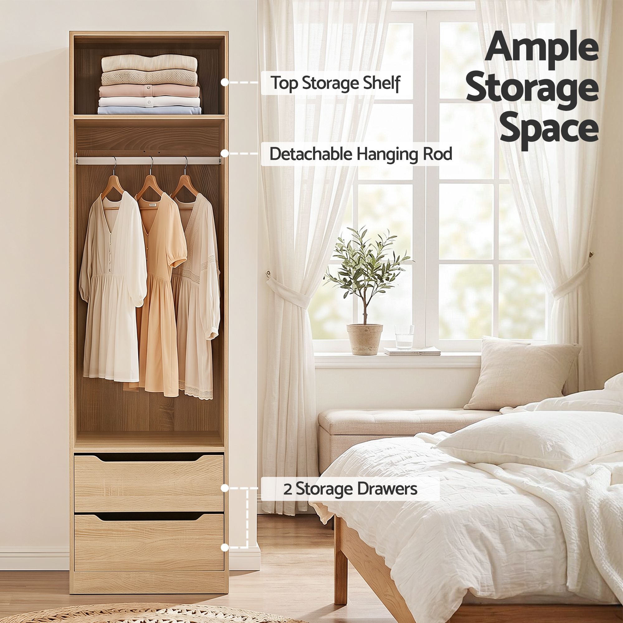 Wood wardrobe with hanging rod, top shelf, and two storage drawers