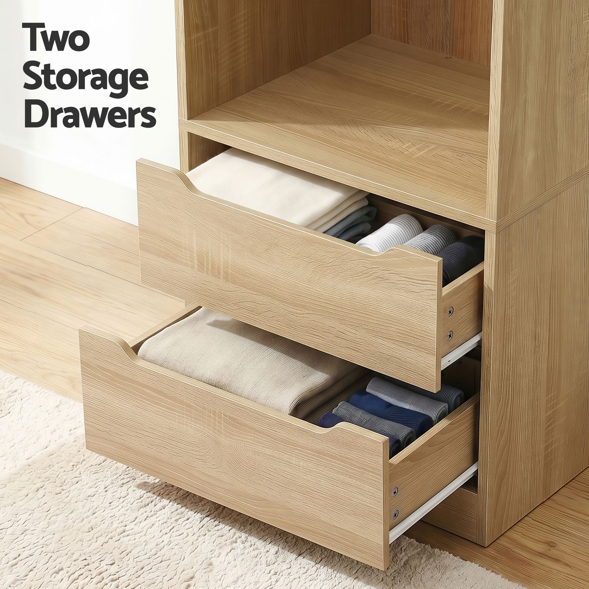 Wood wardrobe cabinet with two pull-out storage drawers