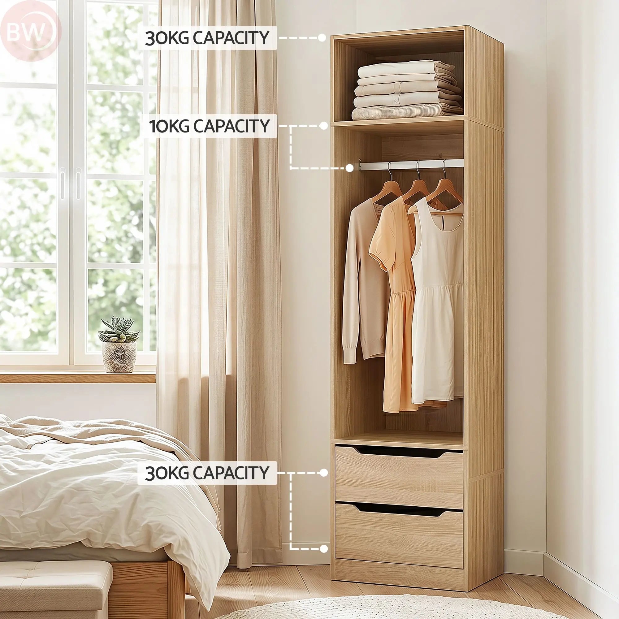 Wooden wardrobe closet with hanging rail, shelves, and two front storage drawers