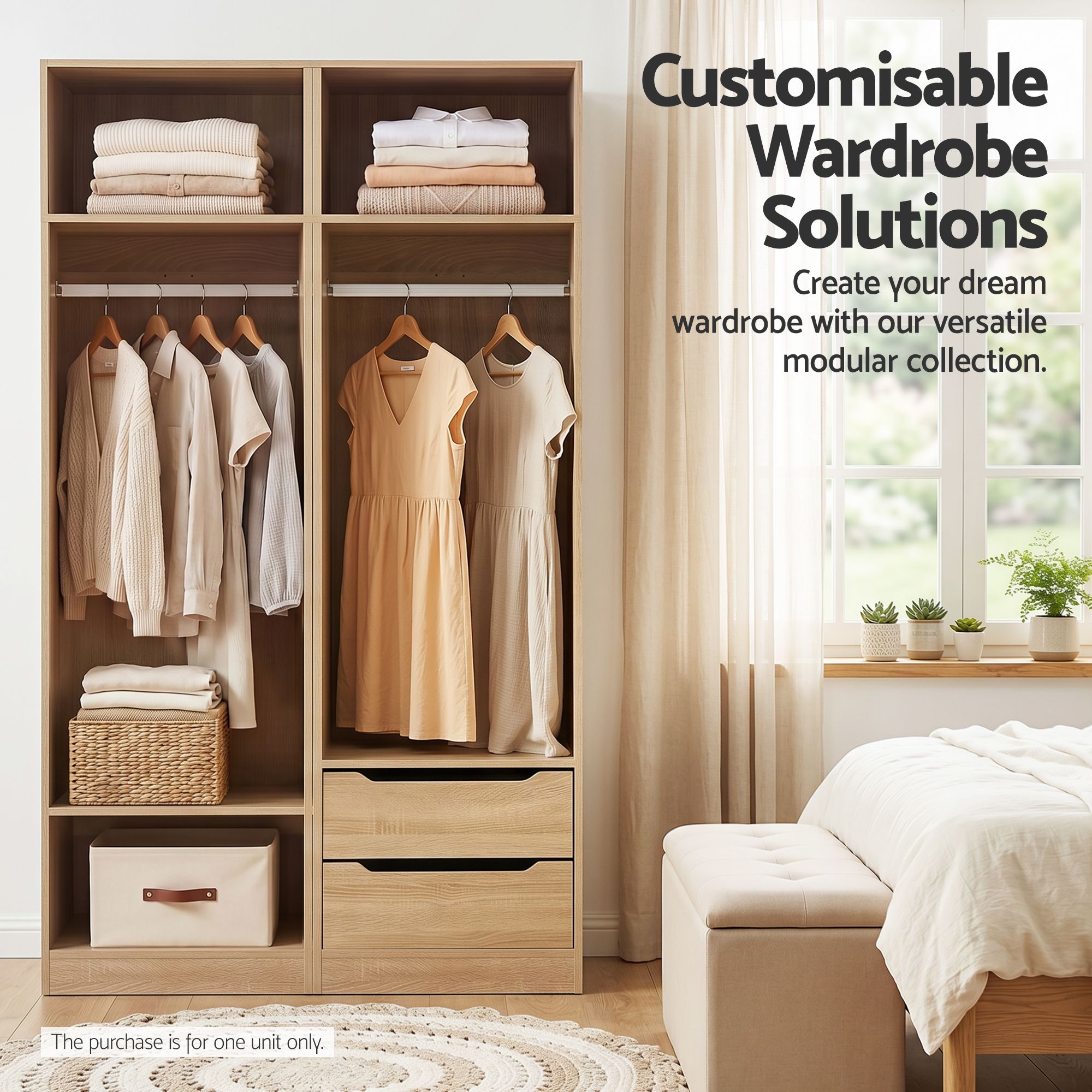 Wood wardrobe cabinet with open shelves, hanging space, and drawers