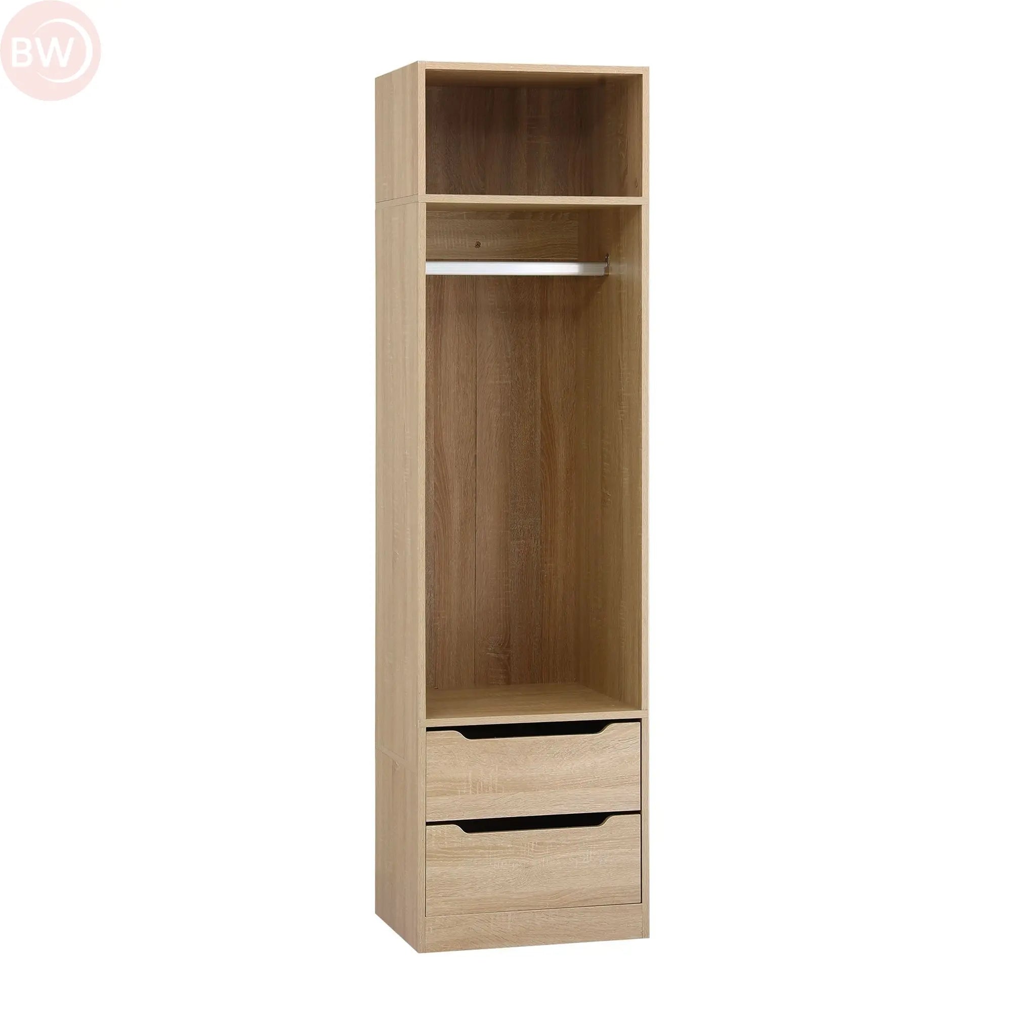Wooden wardrobe cabinet with top shelf, hanging compartment, and two drawers