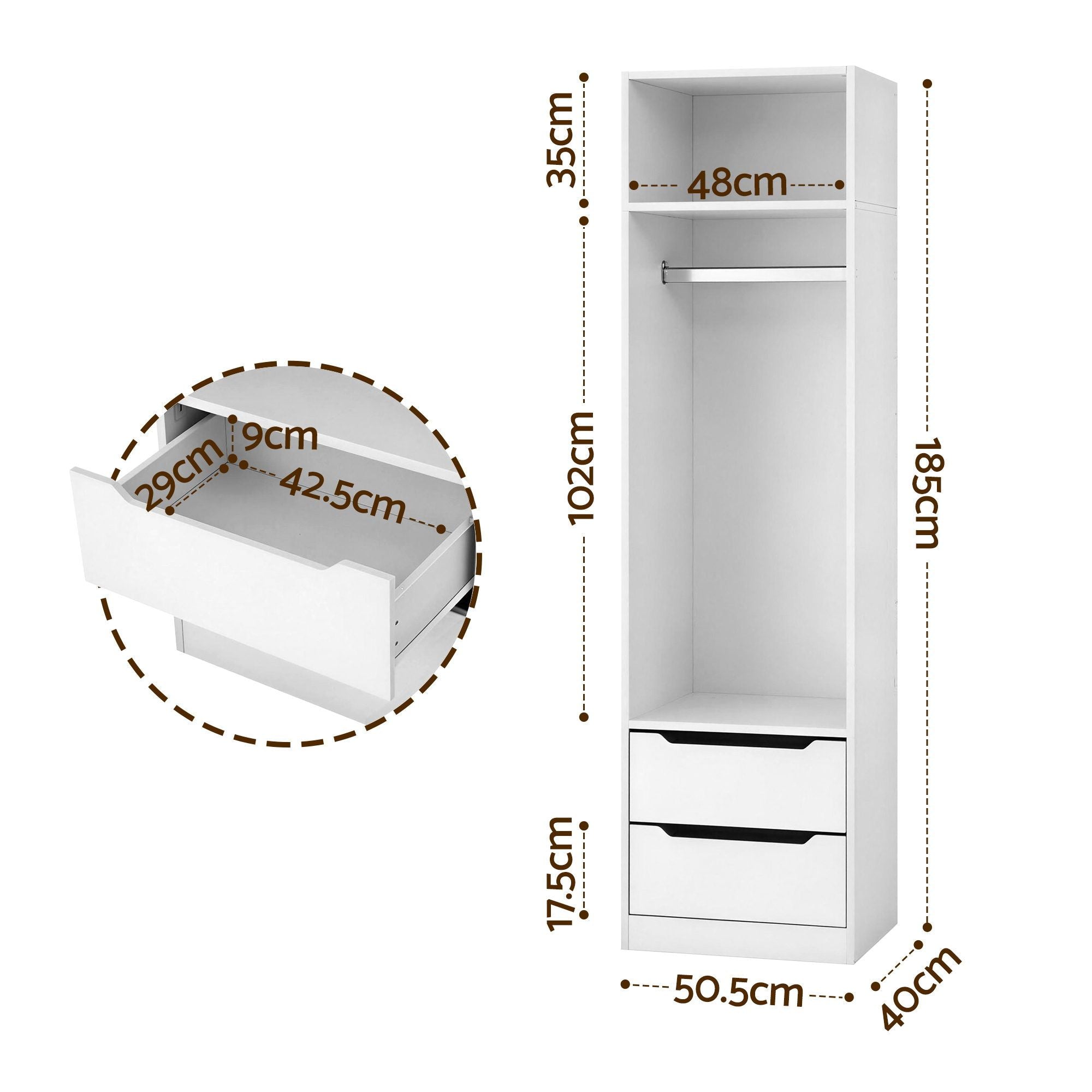 White wardrobe storage cabinet with top shelves and two drawer doors open