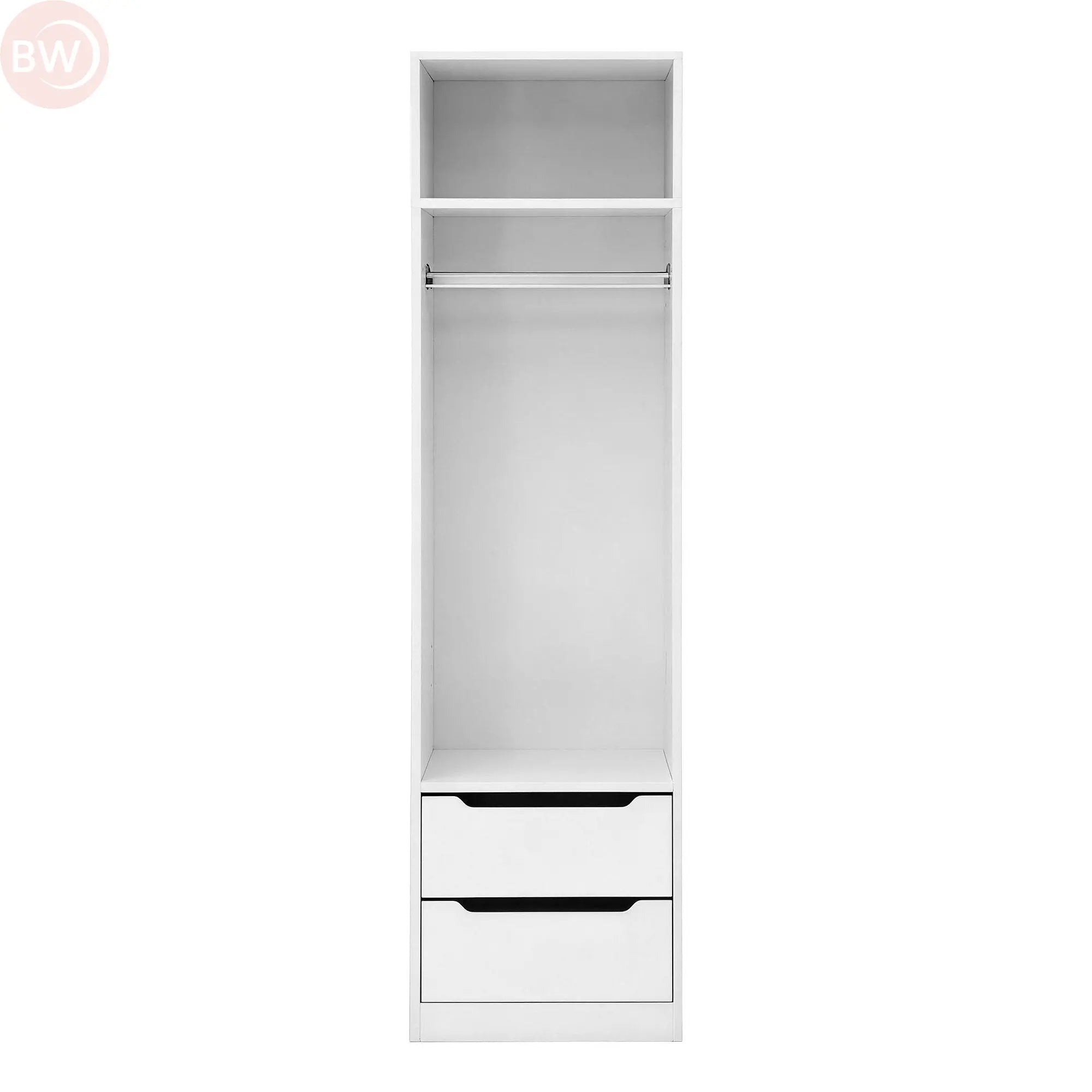 White wardrobe cabinet with open upper shelf, hanging space, and two drawers