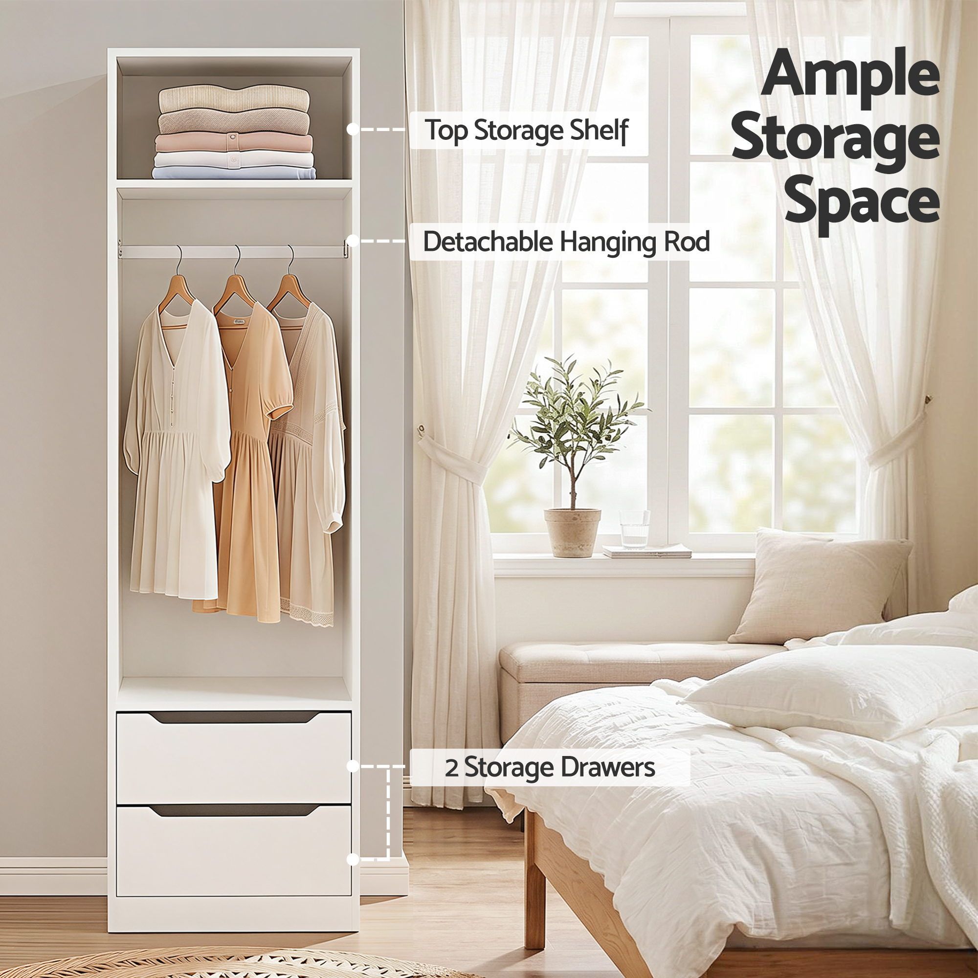 White wardrobe with hanging rod, top shelf, and two storage drawers