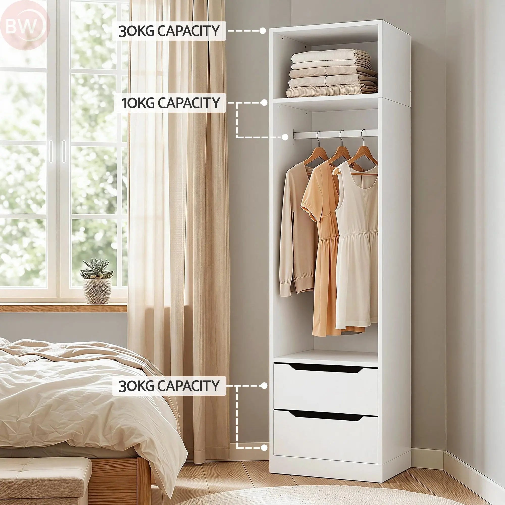 White wardrobe cabinet with hanging rail and open shelves for folded clothes