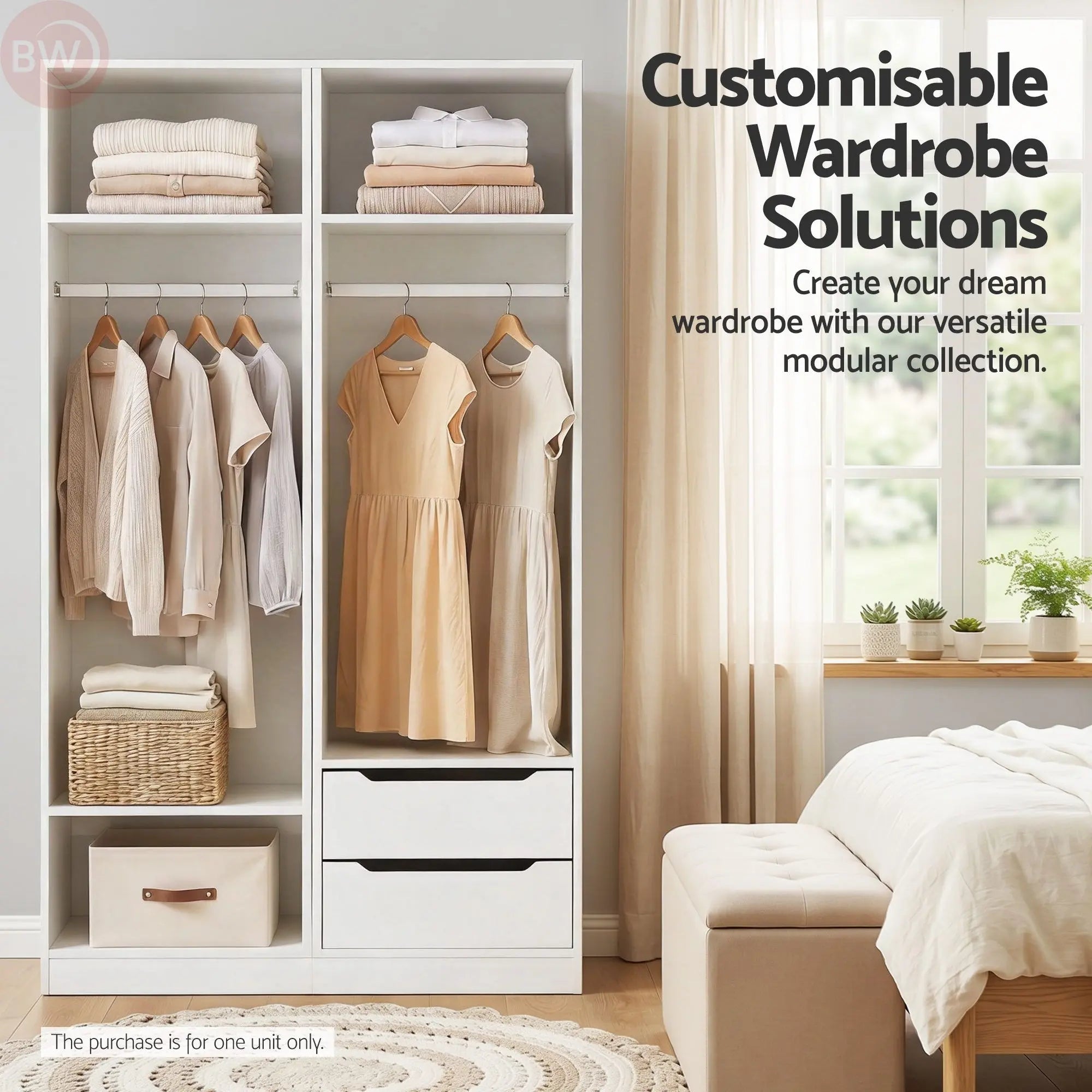 White modular wardrobe cabinet with hanging rail, open shelves, and two drawers