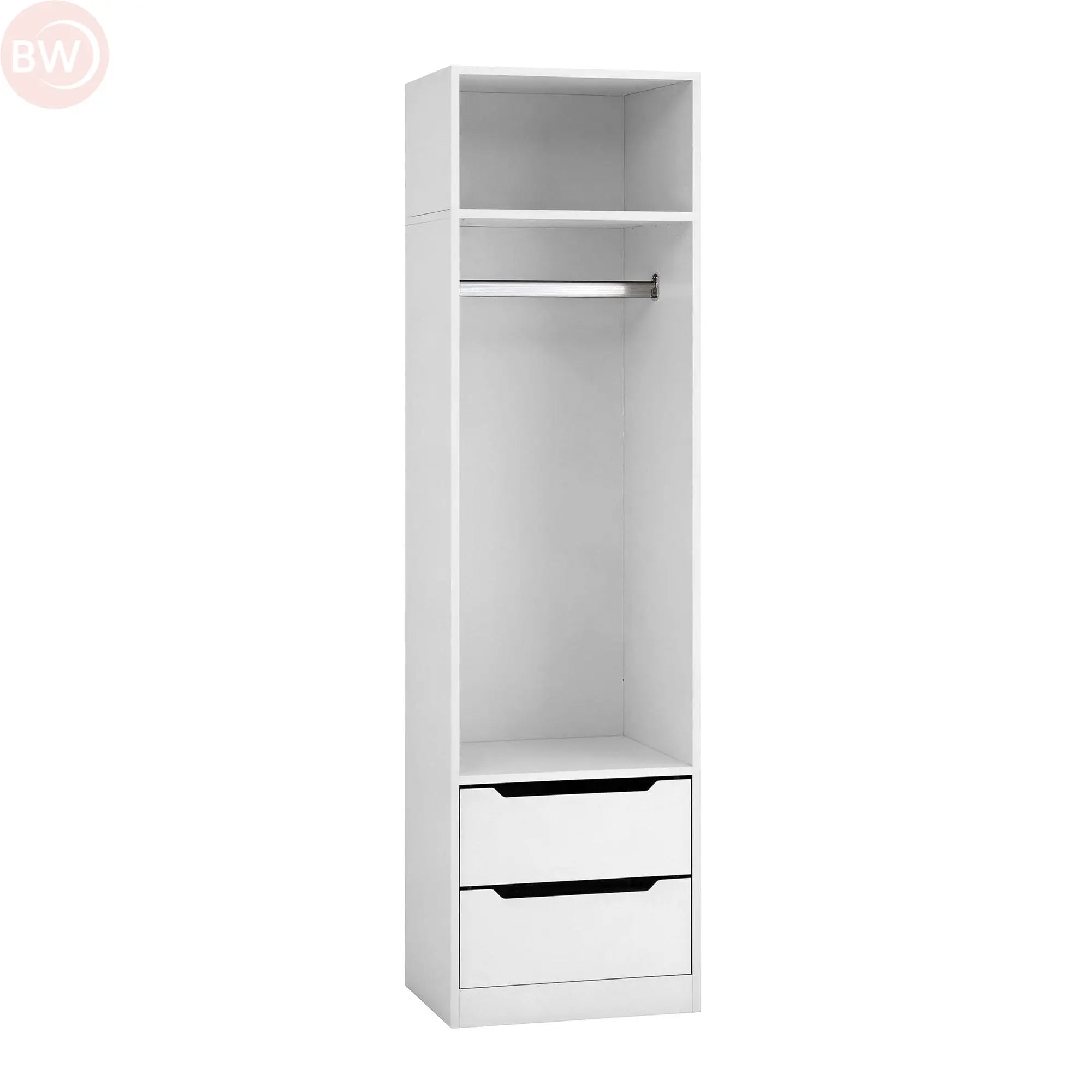 White wardrobe cabinet with open top shelf, tall compartment, and two drawers
