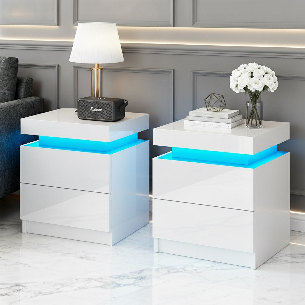 Artiss 2X Bedside Table LED 2 Drawers Lift-up Storage - COLEY White