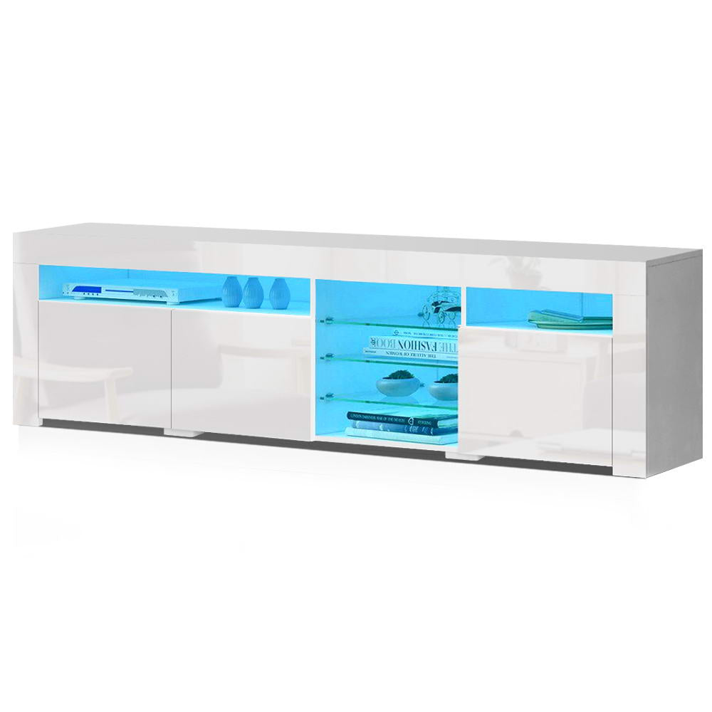 White TV entertainment cabinet with blue LED light in glass-front compartments