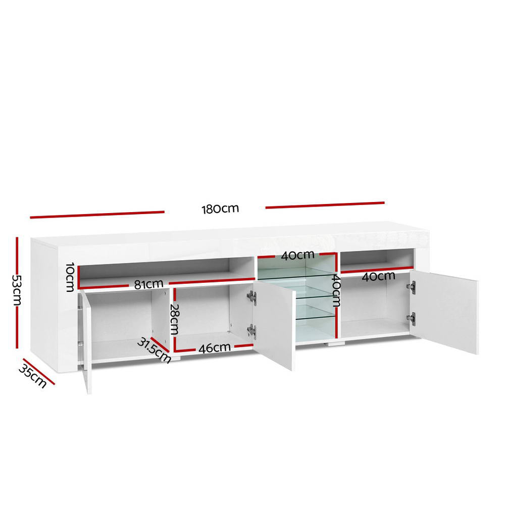 White TV entertainment cabinet diagram with shelf and door dimension lines