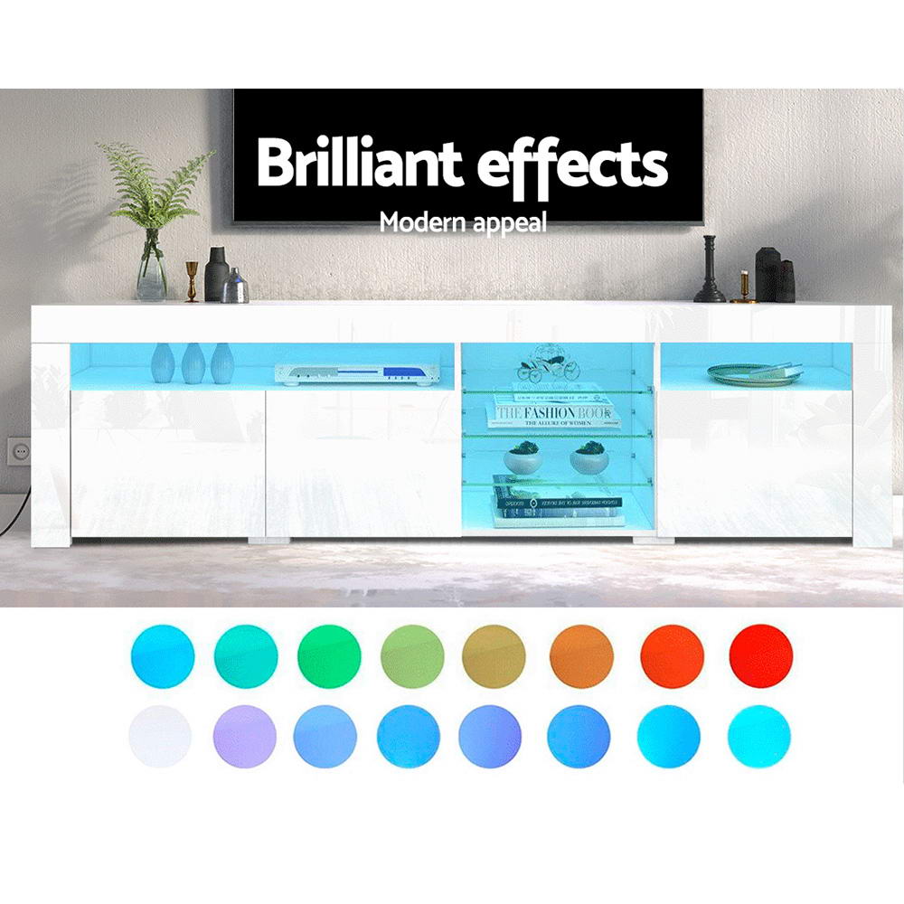 White TV entertainment cabinet with blue LED lighting and color selection circles